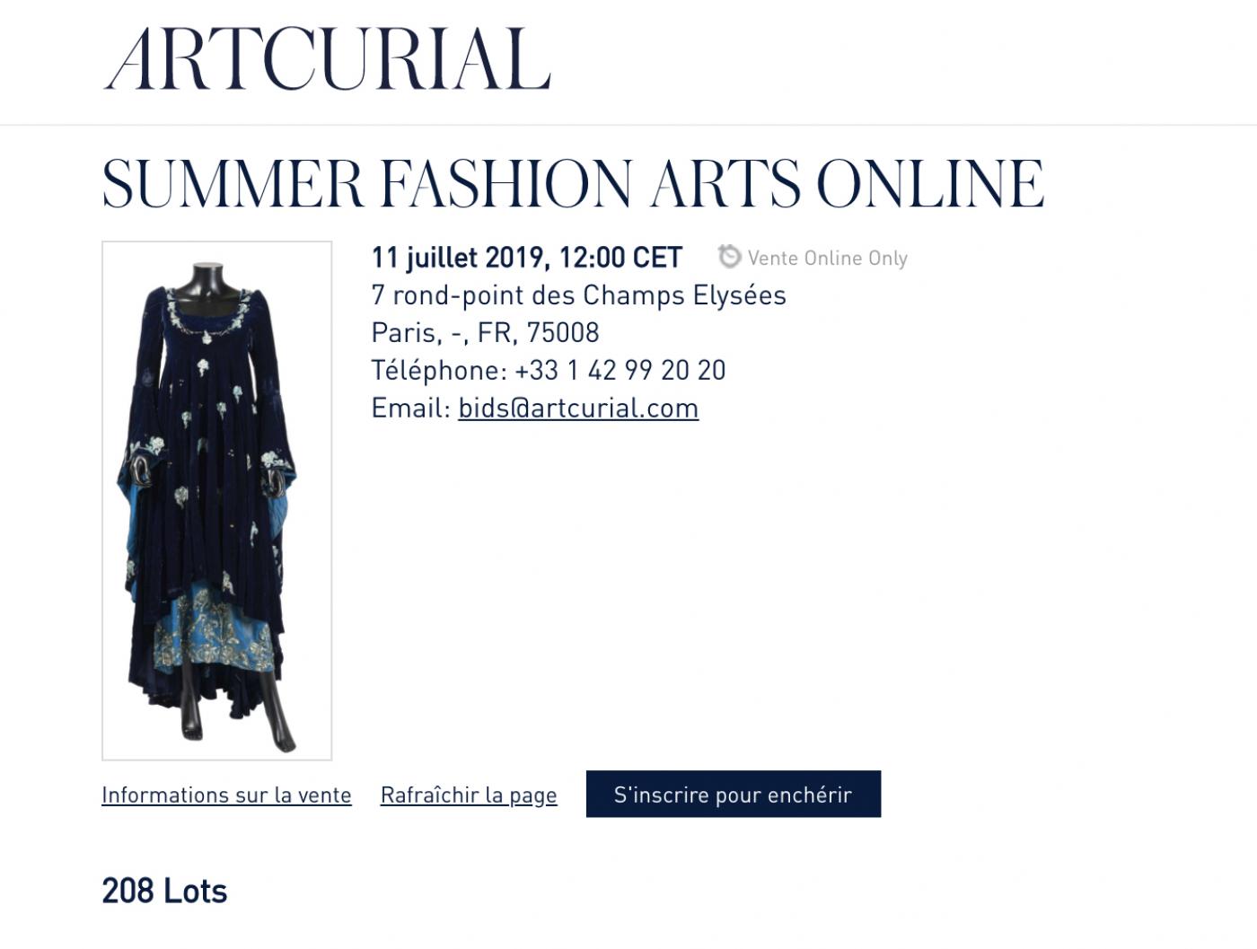 La vente en ligne Summer Fashion Arts Online d'Artcurial.