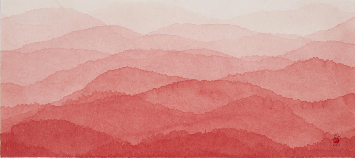 Minjung Kim, "Redmountain", 2014, aquarelle sur papier de mûrier, 2 x 63 cm.