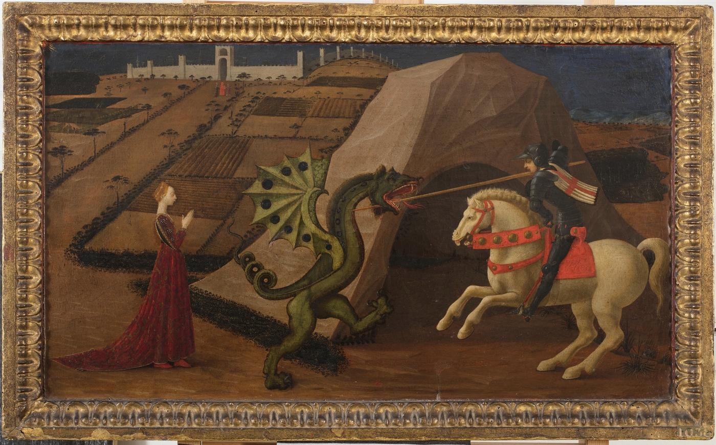 Le Saint Georges Terrassant le Dragon de Paolo Uccello du Musée Jacquemart-André, avant restauration par Cinzia Pasquali et Roberto Merlo.
