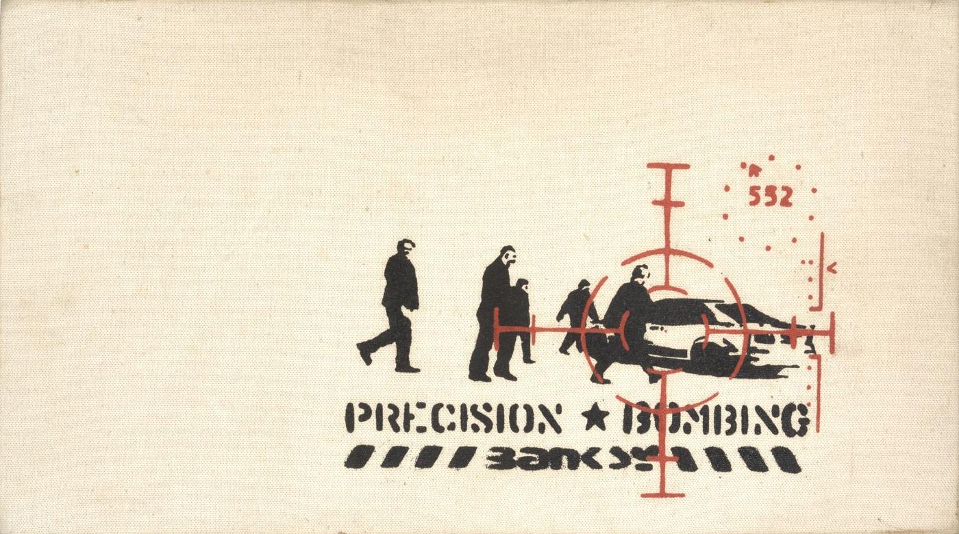 Banksy, "Precision bombing", 2000,
peinture aérosol sur toile marouflée sur panneau, 26 x 45,7 cm. Digard auction.