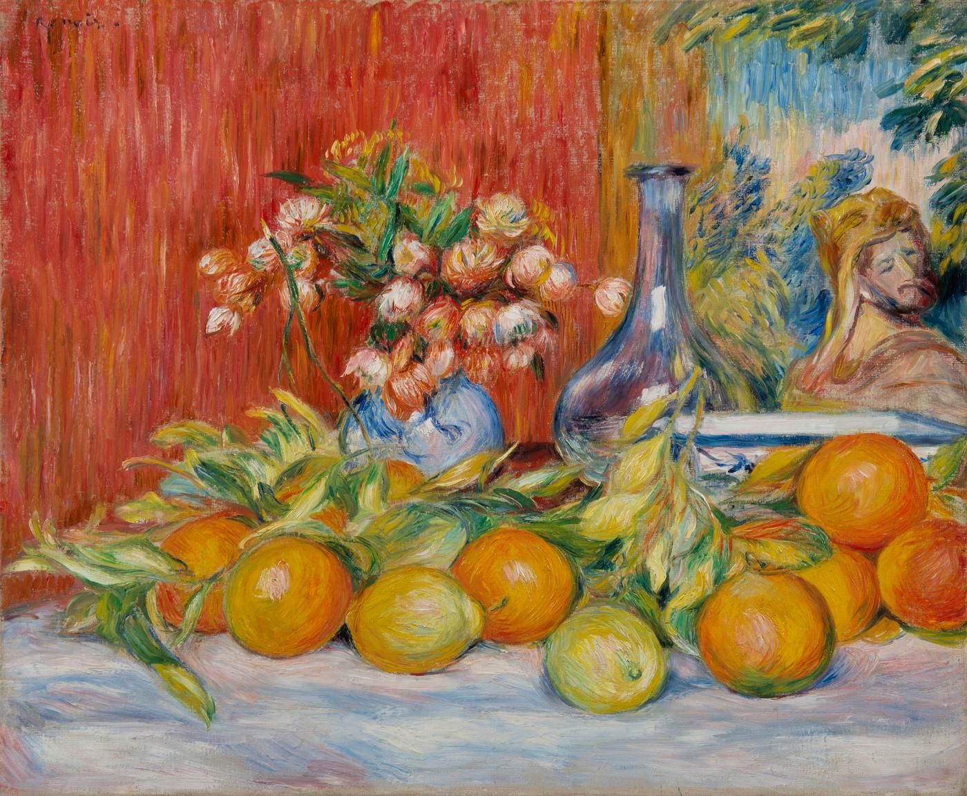 Pierre-Auguste Renoir, "Nature morte, fleurs, oranges et citrons", 1888, huile sur toile, 54,5 x 65,5 cm.
Galerie Hélène Bailly, Paris.
