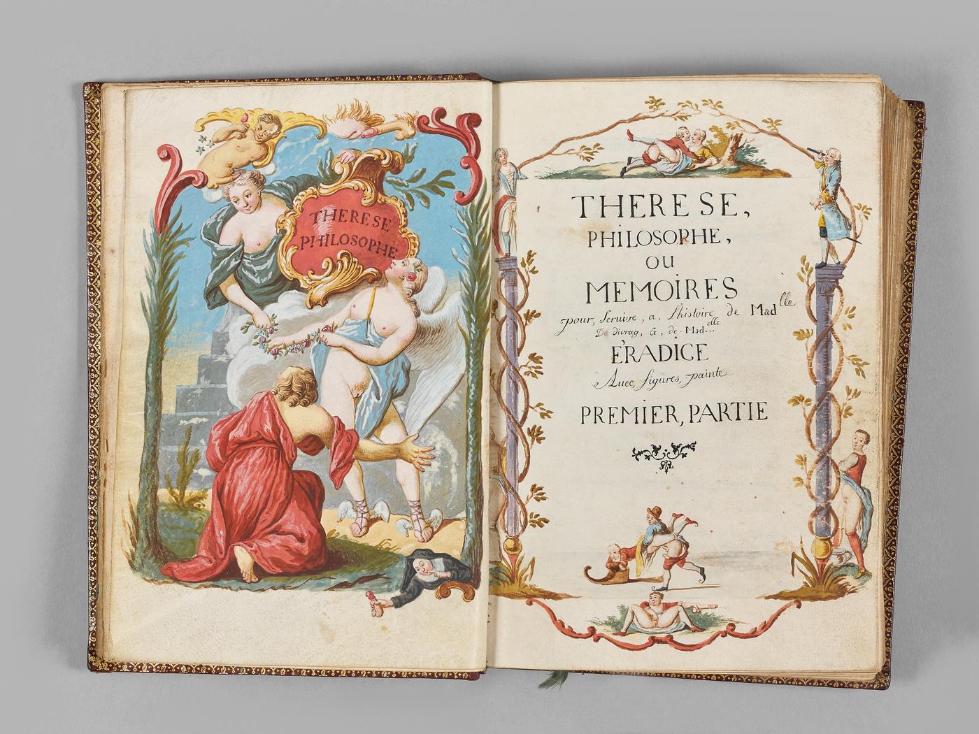 Jean-Baptiste de Boyer d’Argens, "Thérèse philosophe", publié à La Haye en 1748, 2 tomes en 1 volume enrichis de 17 gouaches érotiques originales sur peau de vélin, reliure à la dentelle d’époque Louis XV, 17,7 x 12 mm.
Librairie Amélie Sourget, Paris.