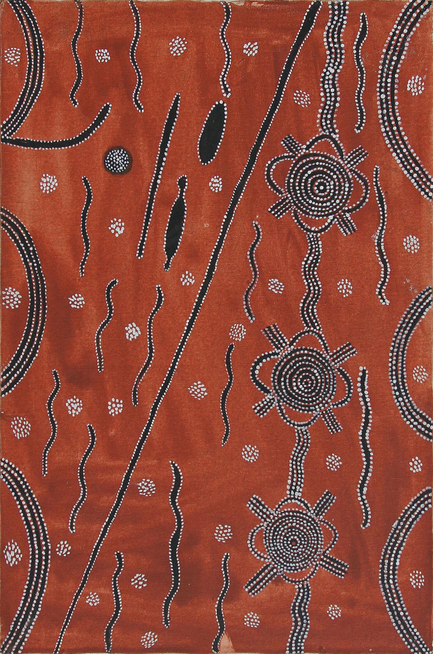 Kaapa Mbitjana Tjampitjinpa , « Man and Women’s Snake and Bush Tucker Dreaming », vers 1971, peinture polymère synthétique avec liant sur toile, 76 x 50 cm.