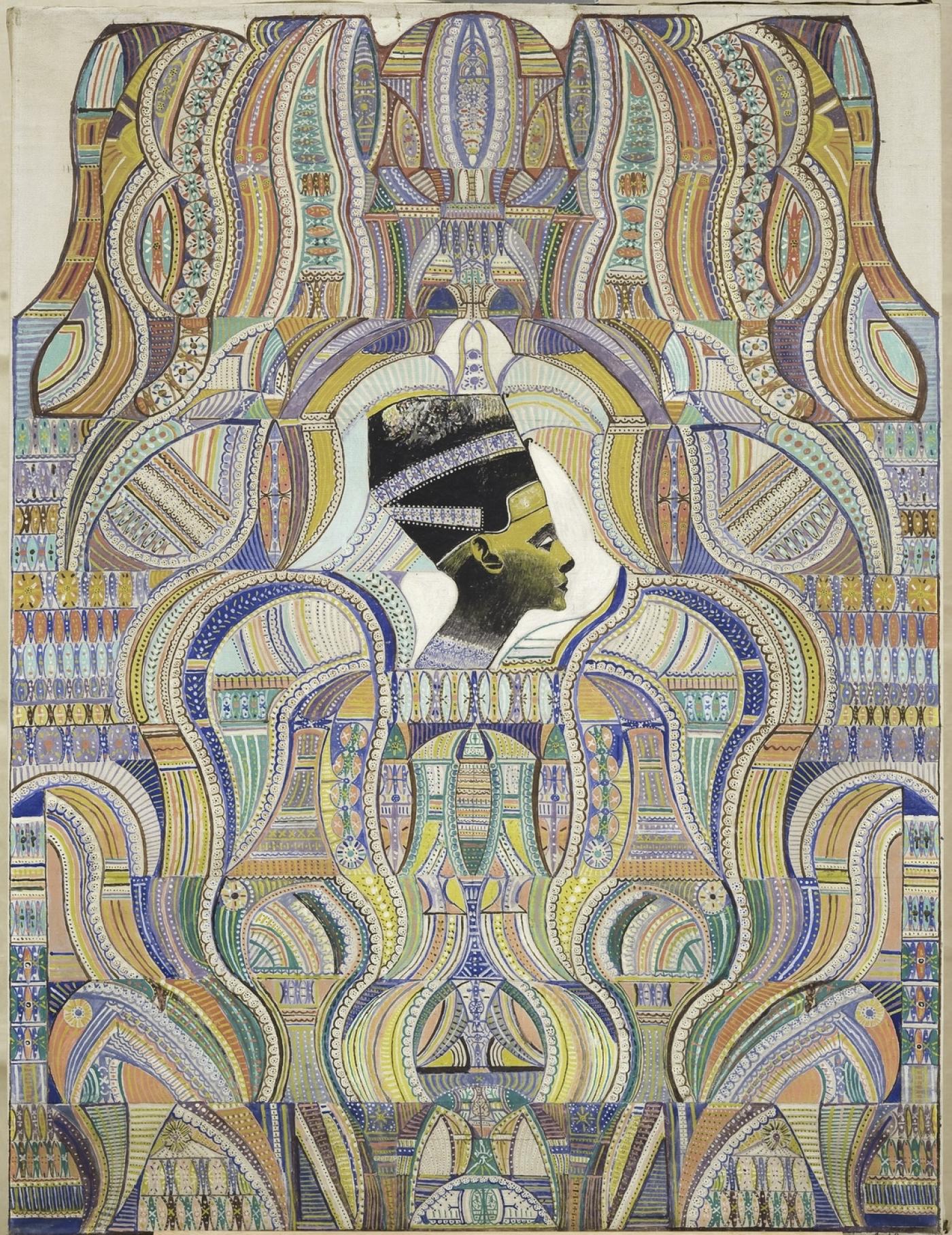 Augustin Lesage, Néfertiti, 1952. Présenté dans le cadre de l'exposition Lesage, Simon, crépin - Peintres spirites et guérisseurs du 4 octobre 2019 au 5 janvier 2020 au LaM - Lille Métropole Musée d'art moderne, d'art contemporain et d'art brut.