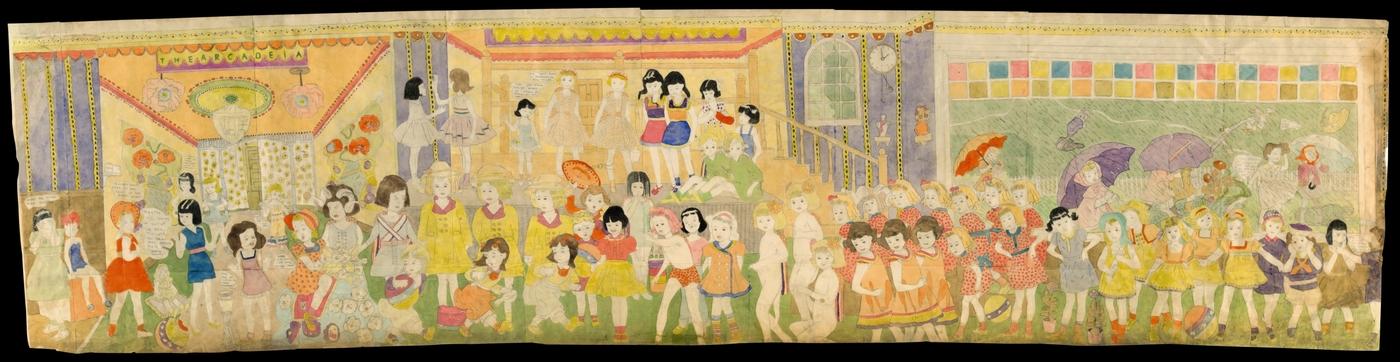 Henry Darger, Sans titre, aquarelle, vers 1940-1960, mine de plomb et crayons de couleur sur sept feuilles de papier assemblées (recto), 79 x 330 cm. Vendu 601 500 euros à Christie's Paris en 2014.