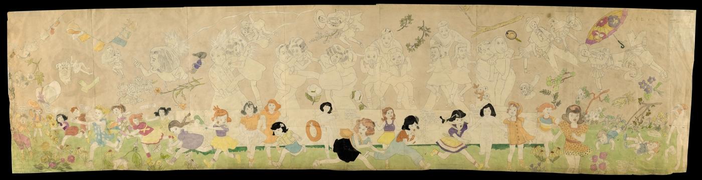 Henry Darger, Sans titre, aquarelle, vers 1940-1960, mine de plomb et crayons de couleur sur sept feuilles de papier assemblées (verso), 79 x 330 cm. Vendu 601 500 euros à Christie's Paris en 2014.