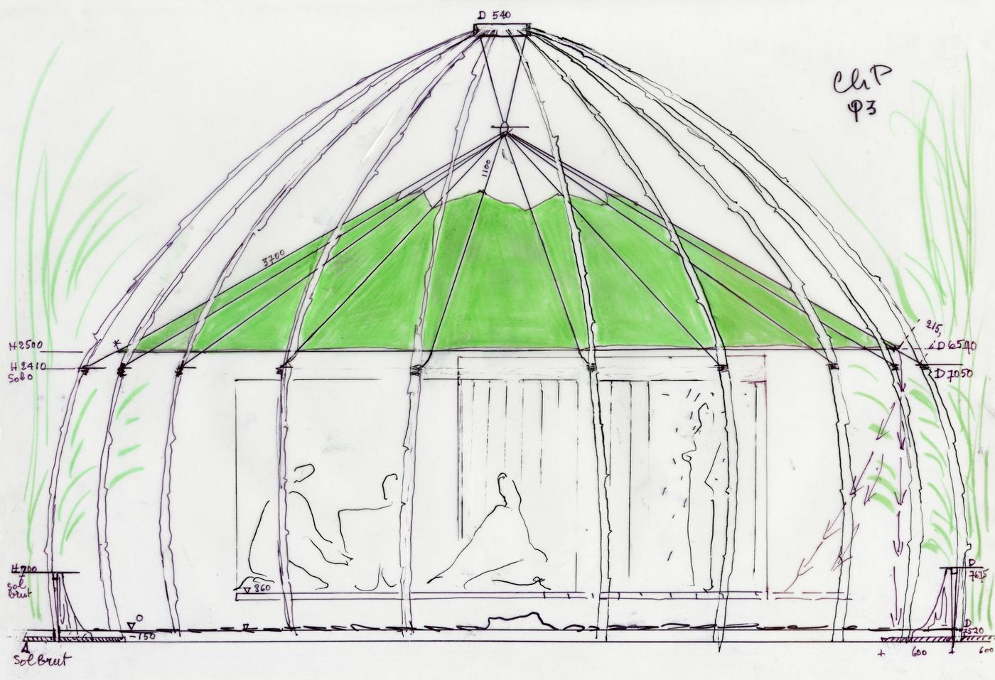 Charlotte Perriand, Croquis de la Maison de thé – Élévation, 1993. La Maison du thé, réalisée pour l’UNESCO et dialoguant avec des oeuvres d’artistes japonais, tels que Sofu Teshigahara et Isao Domoto, se voit consacrée une salle dans le cadre de l'exposition "Le Monde nouveau de Charlotte Perriand" à la Fondation Louis Vuitton, du 2 octobre au 24 février 2020.