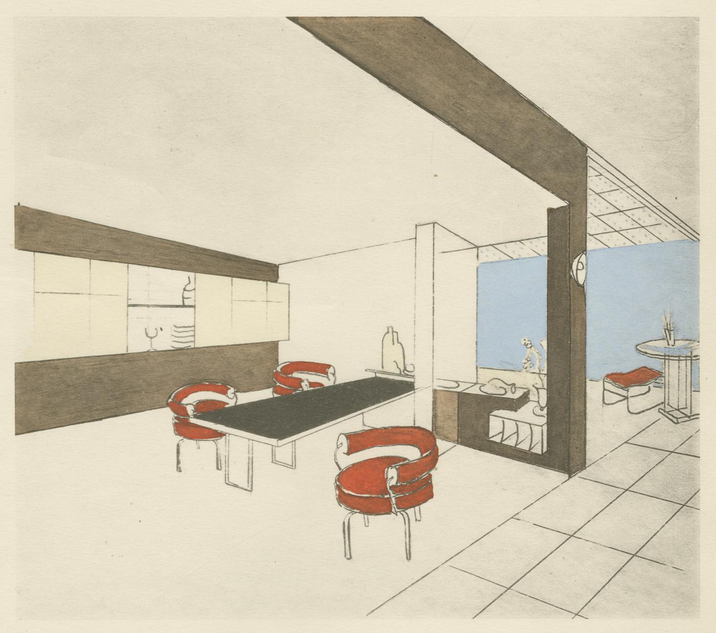 Charlotte Perriand, Perspective du Bar et de la salle à manger de la place Saint-Sulpice, 1927.