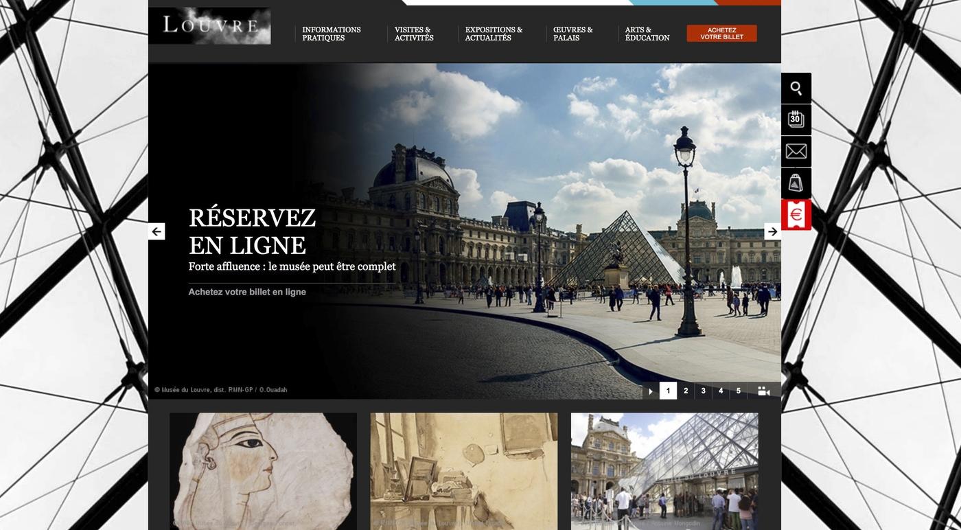 Capture d'écran de la page d'accueil du site internet du Louvre, conseillant aux visiteurs de réserver en ligne.