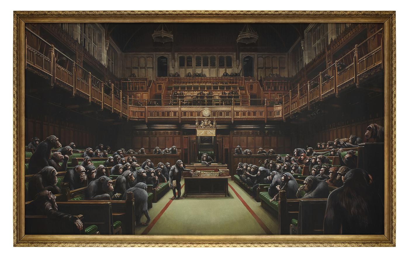 Banksy, "Devolved Parliament", 2009
huile sur toile, 267 x 446 cm.
Adjugé 9 millions de livres sterling (11,1 millions d’euros) .