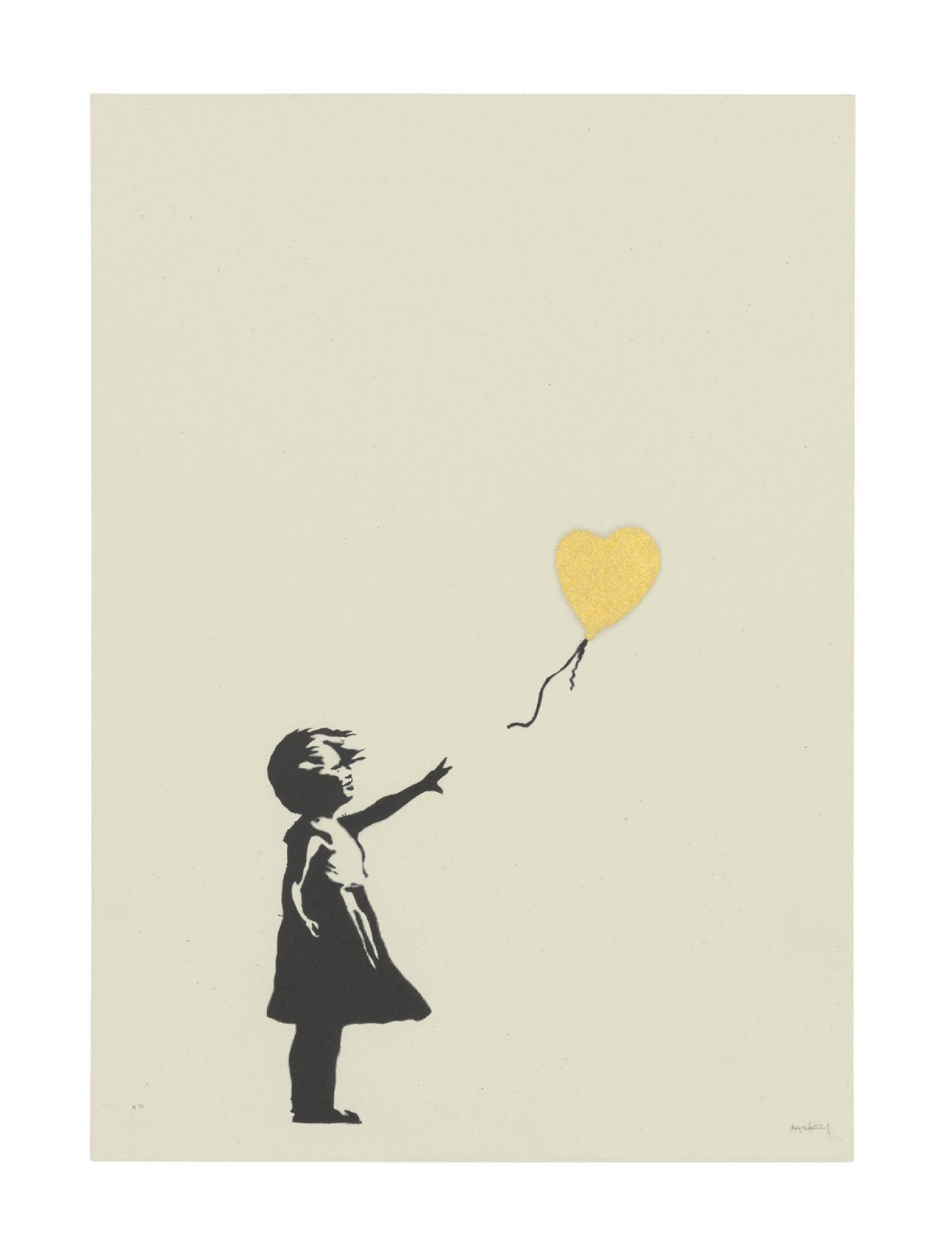 Banksy, "Girl with Balloon - Colour AP (Gold)". Adjugé 395 250 £ (443 970 euros) lors d'une vente online only chez Christie’s.