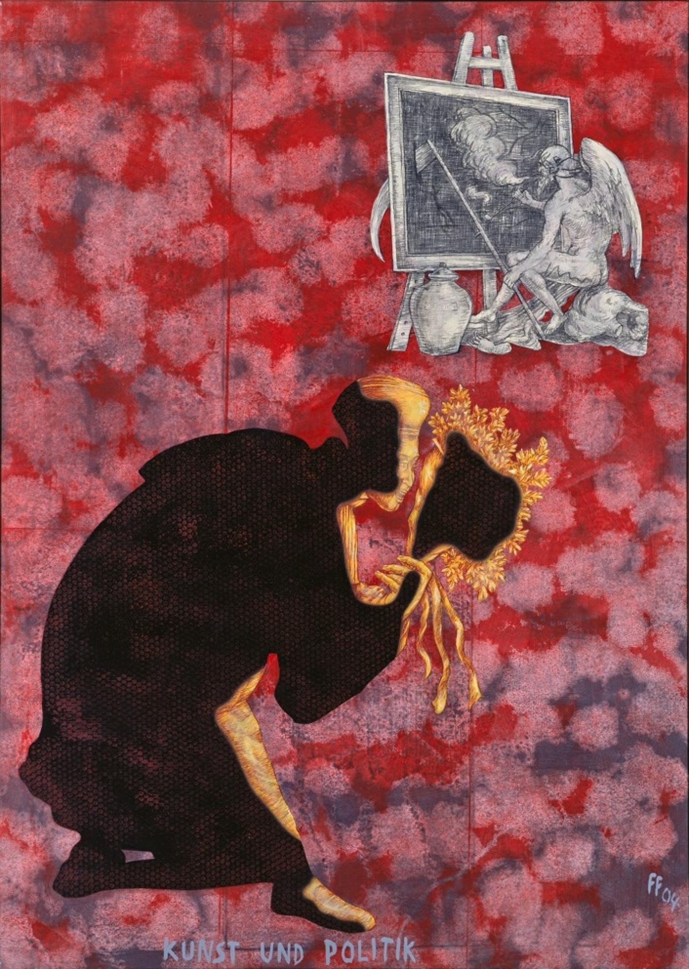 Jörg Immendorff, "Kunst und Politik", 2004, huile et pastel gras sur toile, 200 x 140 cm. Galerie Suzanne Tarasieve.