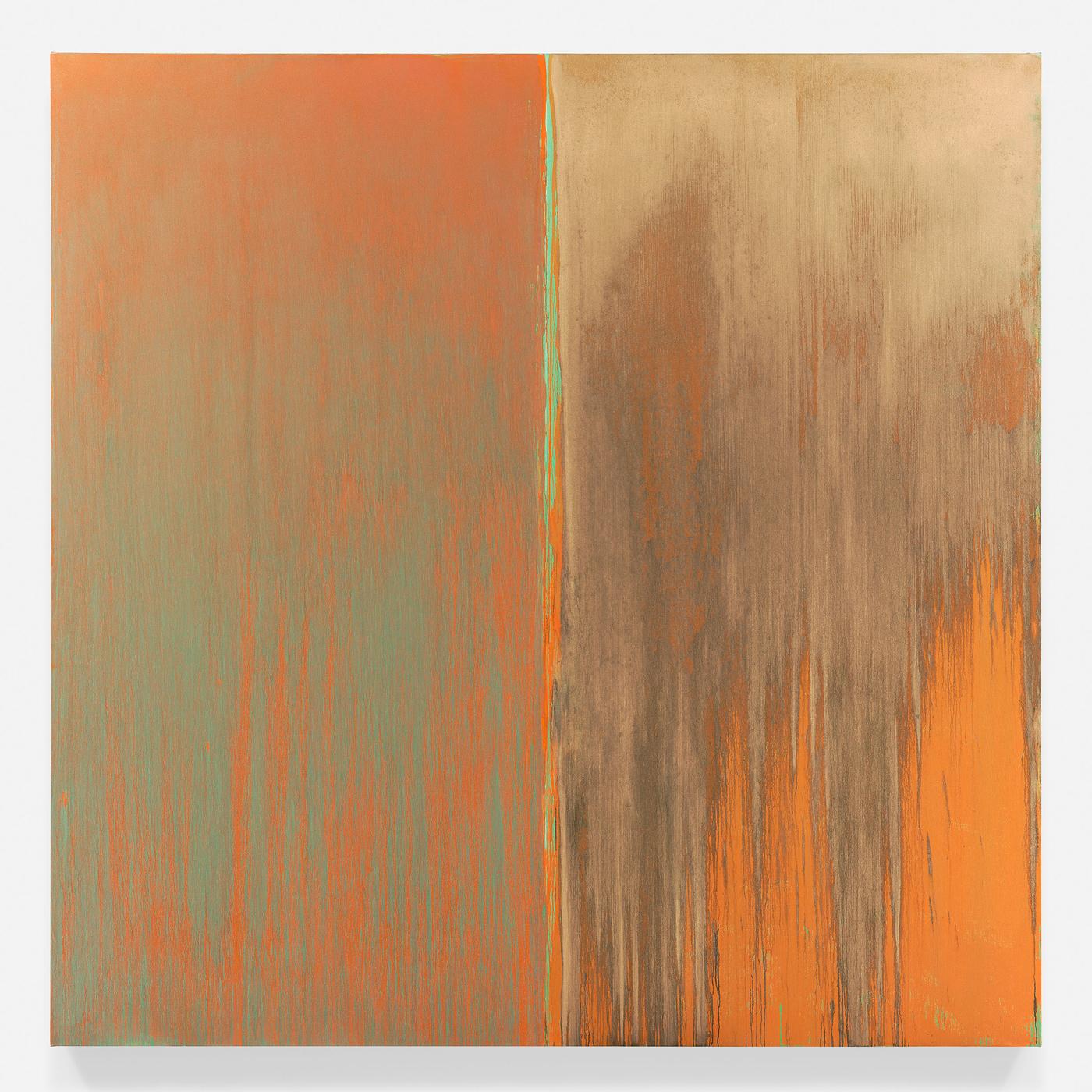 Pat Steir , "Green, Orange and Mica", 2013-2017, huile sur toile, 335,3 x 335,3 cm. Galerie Lévy Gorvy.