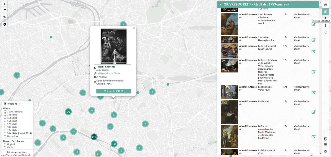 Interface de visualisation du GeoRETIF permettant de cartographier plus de 13 000 tableaux italiens dans les collections publiques françaises.