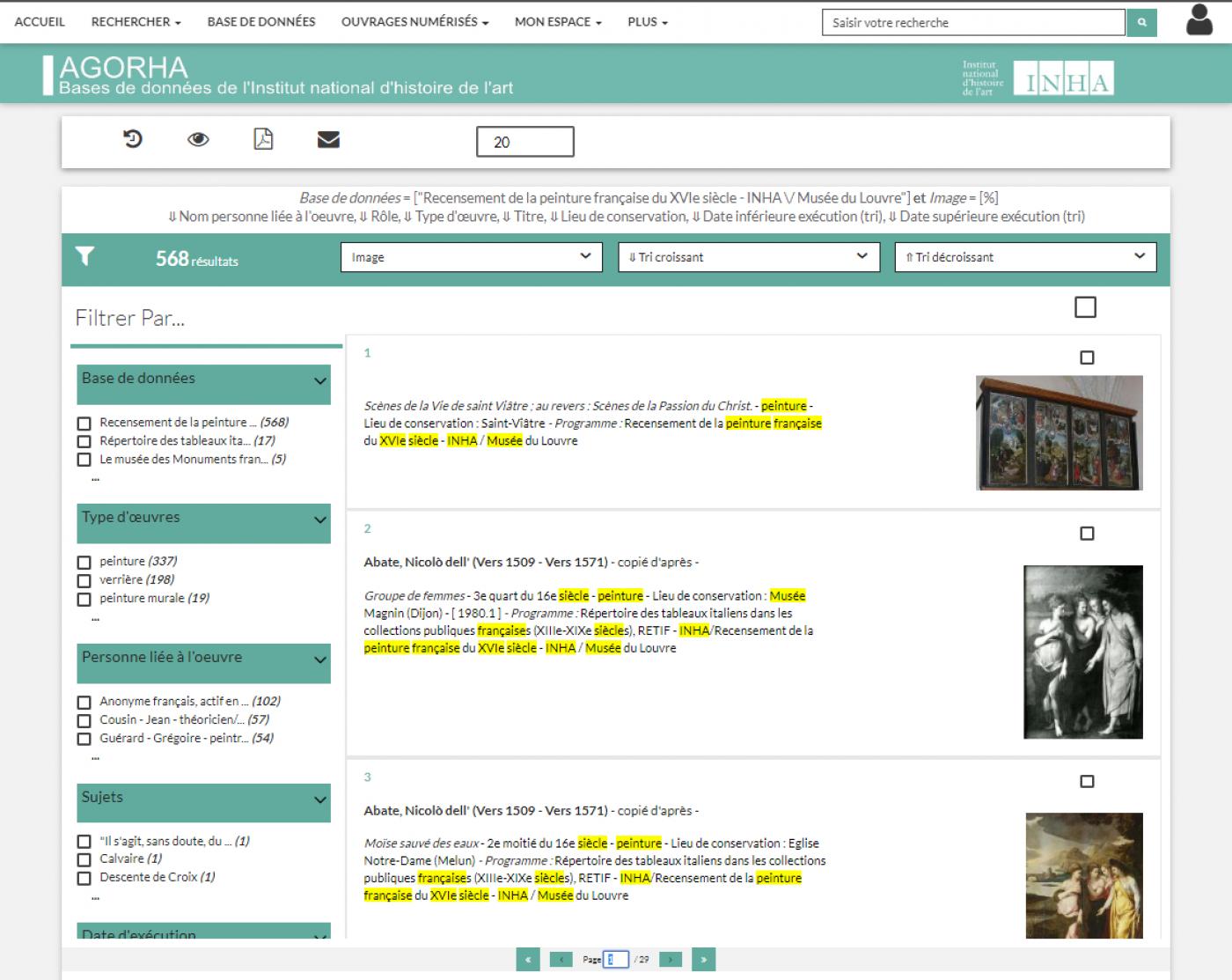 Résultats de la base AGORHA sur une recherche concernant le recensement de la peinture française du XVIe siècle.