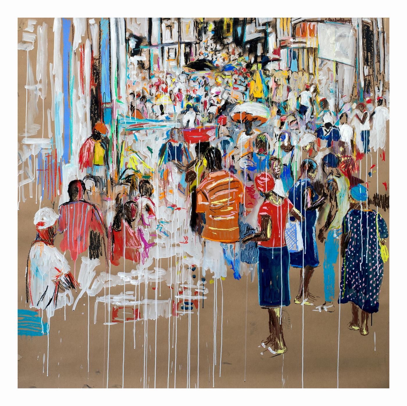 Nelson Makamo, "Market place",
2019, fusain, acrylique et pastel sur papier marron, 200 x 160 cm.