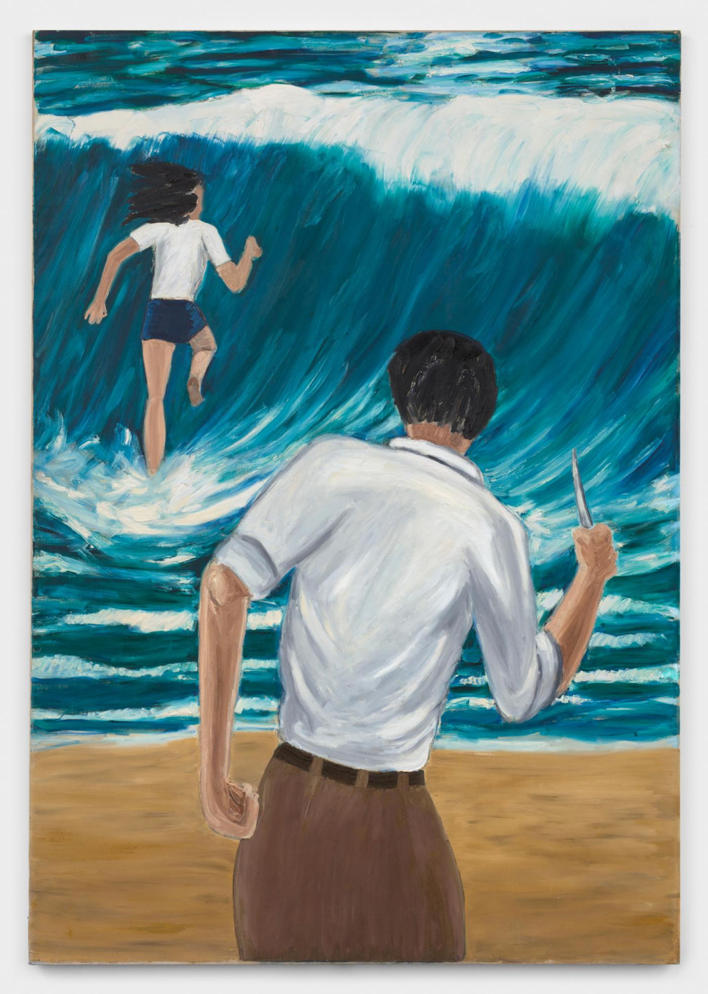 Richard Bosman, "Pursuit at the Beach", 1981, oil on canvas,
108 x 75 inches.