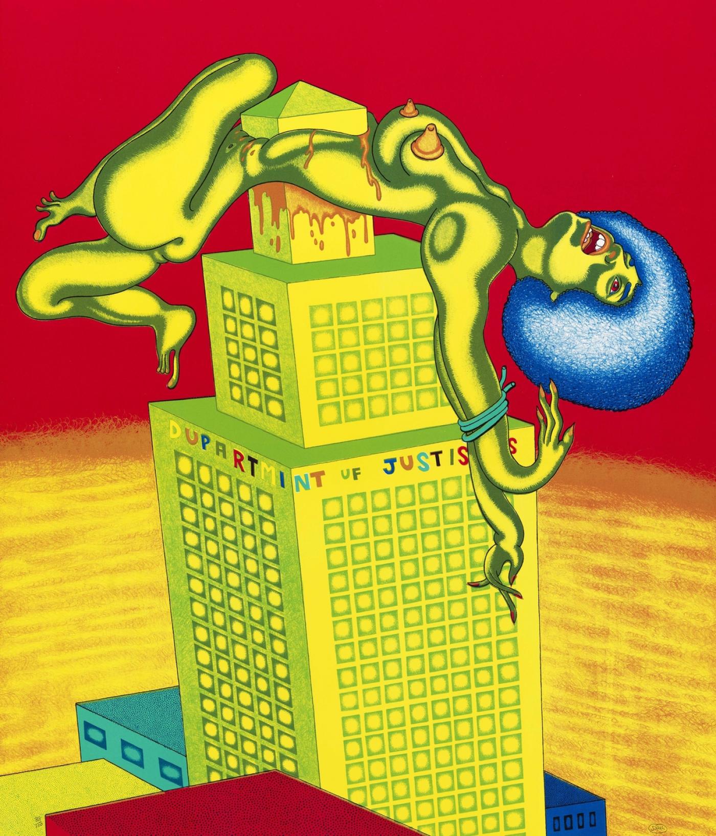 Peter Saul, Angela, Dupartmint uf Justiss, 1972, sérigraphie sur papier, 89 x 75 cm. Collection [mac] musée d’art contemporain, Marseille.