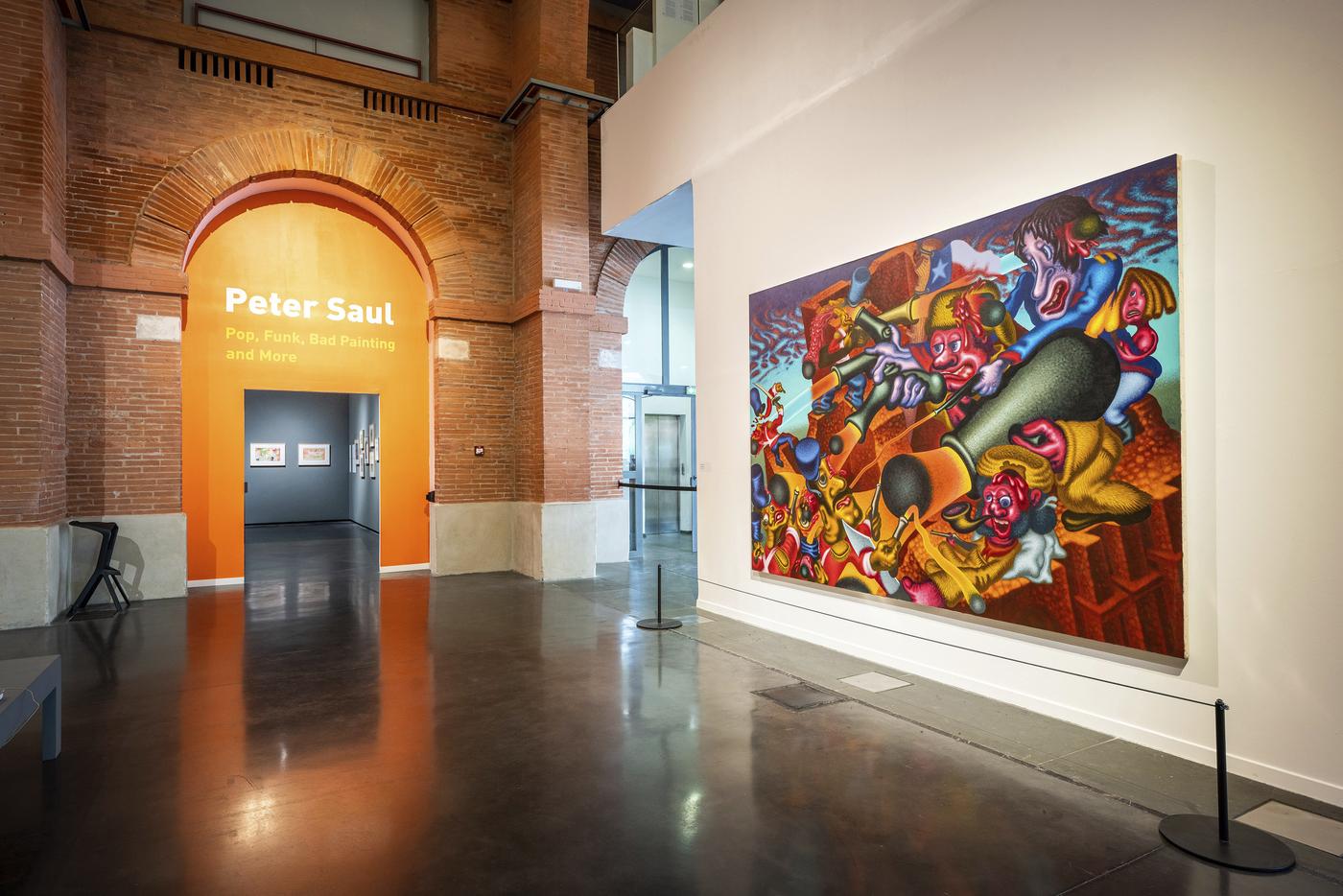 Vue de l'exposition « Peter Saul : Pop, Funk, Bad Painting and More » jusqu'au 26 janvier 2020 aux Abattoirs, Musée – Frac Occitanie Toulouse. Œuvre : L'Alamo, huile et acrylique sur toile, 1990.