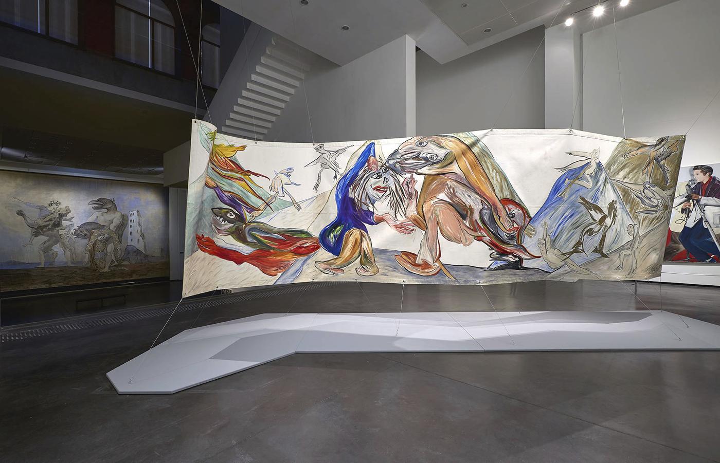 Jacqueline de Jong, The Backside of the Existence, 1992, huile sur toile, 200 x 700 cm. Vue d'exposition aux Abattoirs, Musée – Frac Occitanie Toulouse, 2018.