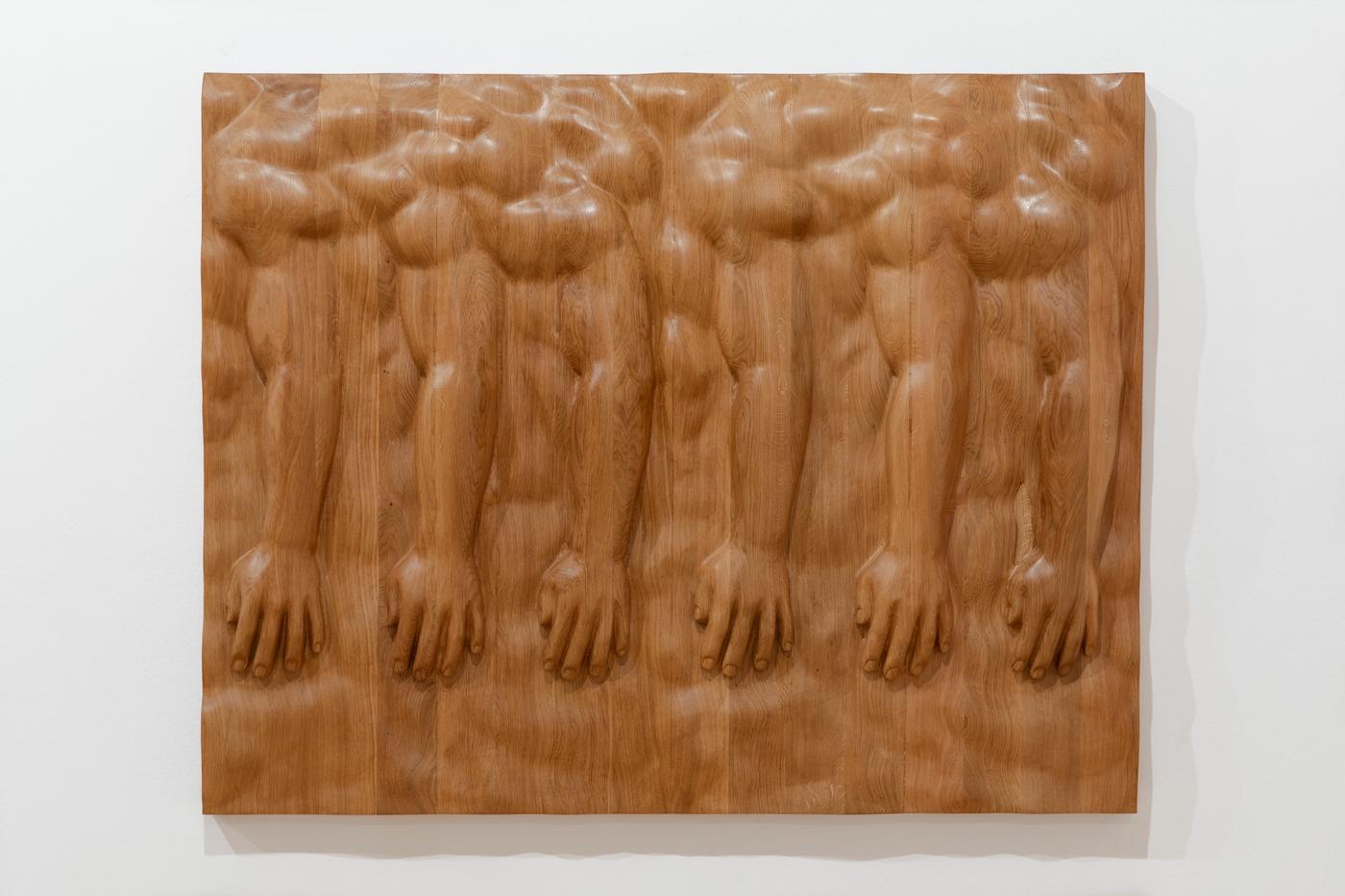 Daniel Dewar &amp; Grégory Gicquel, "Oak relief with body fragments", 2019, chêne, 140 x 176 x 17 cm. Galerie Loevenbruck.