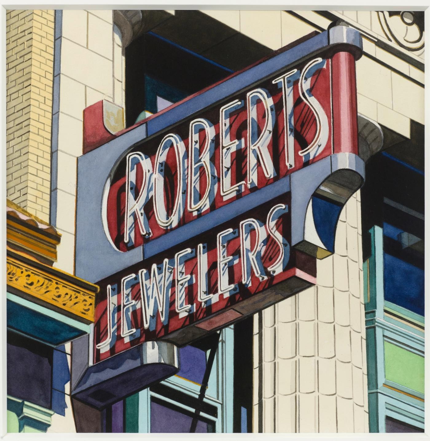 Robert Cottingham, "Roberts Jewelers",  2013, aquarelle sur papier,  39,5 x 39,5 cm. Galerie Nathalie et Georges-Philippe Vallois.