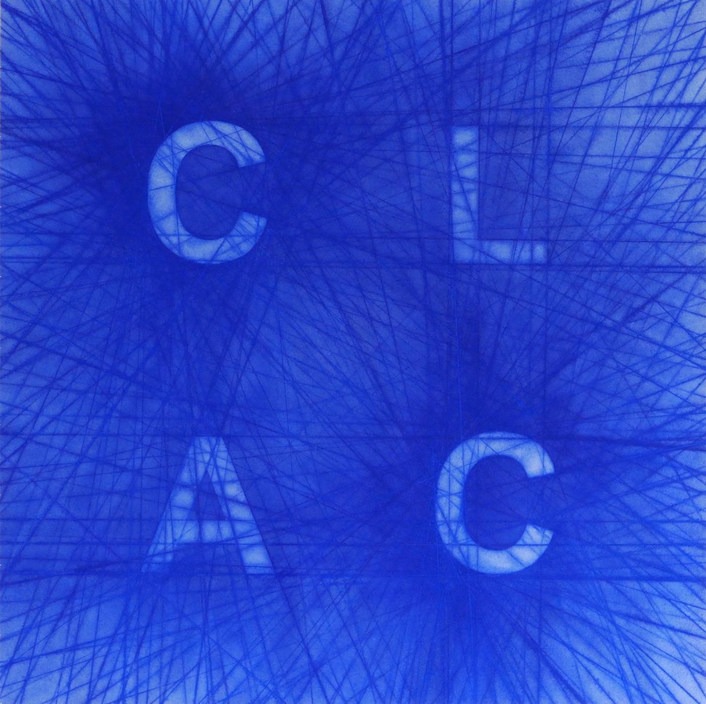 Carmen Perrin, "Tracés CLAC", 2019, cordeau à tracer pour maçon, poudre bleue, 107 x 107 cm. Galerie Wilde.