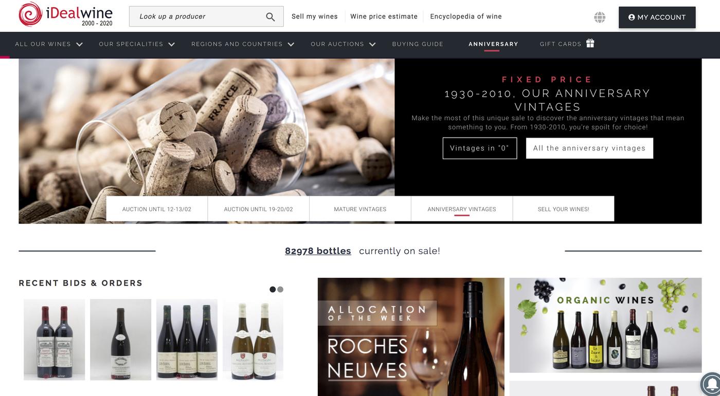 Capture d'écran du site iDealWine, spécialisé dans la ventes aux enchères de vins et spiritueux online.