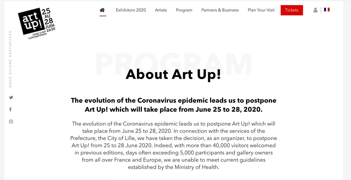 Annonce du report de la foire sur le site d'Art Up!