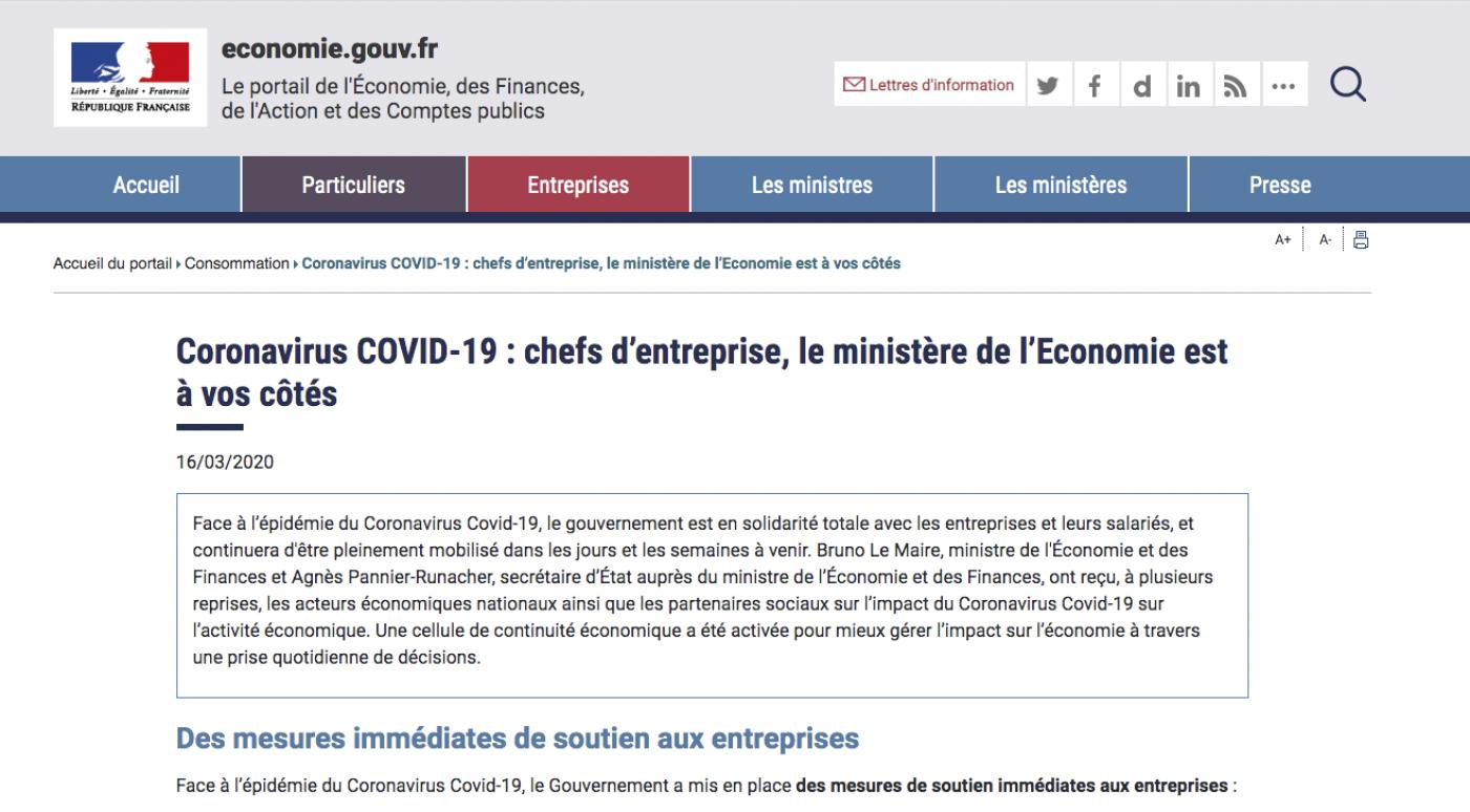 Liste de mesures de soutien aux entreprises publiée sur le site du ministère de l'Économie et des Finances.