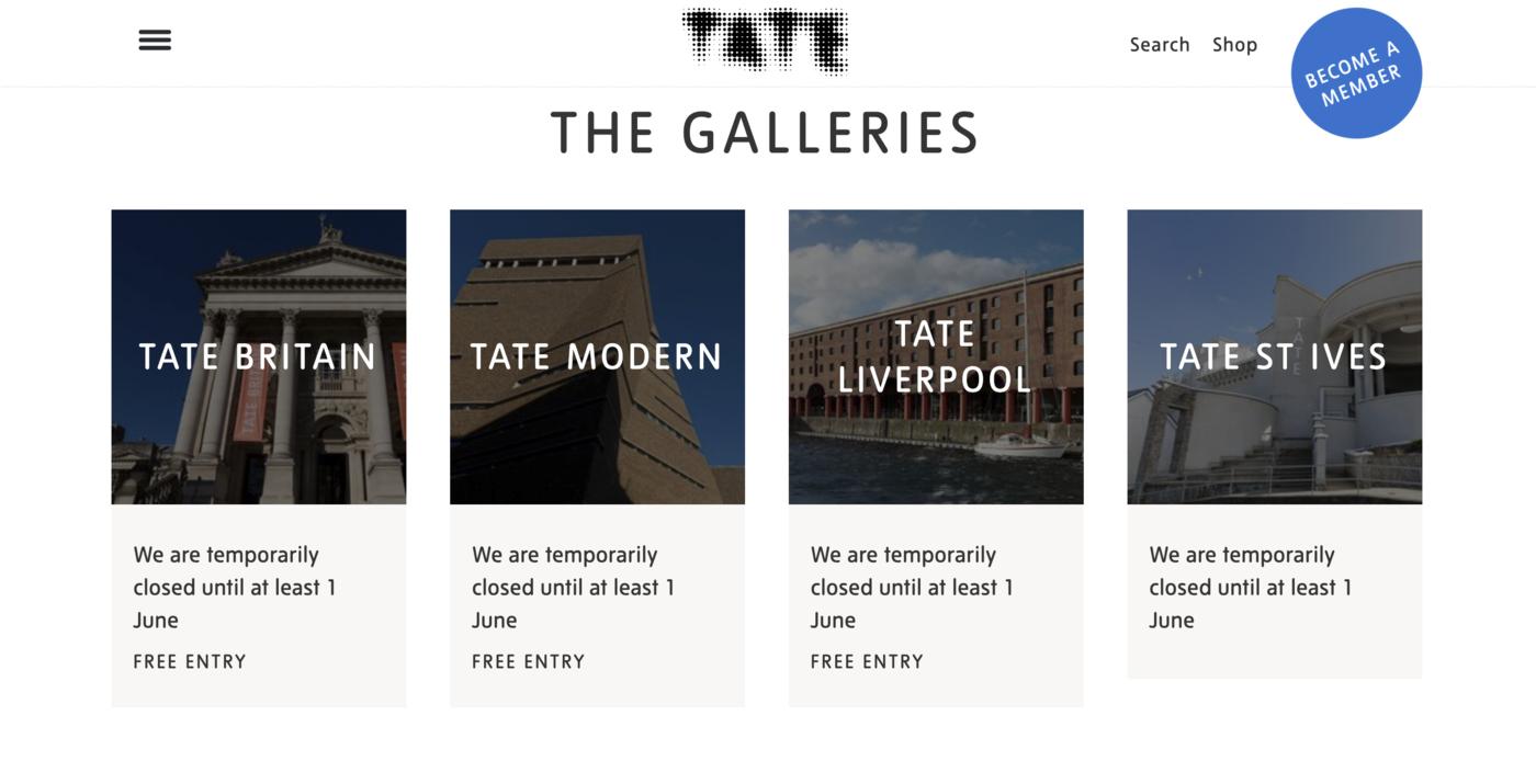 Capture d'écran du site de la Tate Modern, annonçant la fermeture de leur quatre sites.