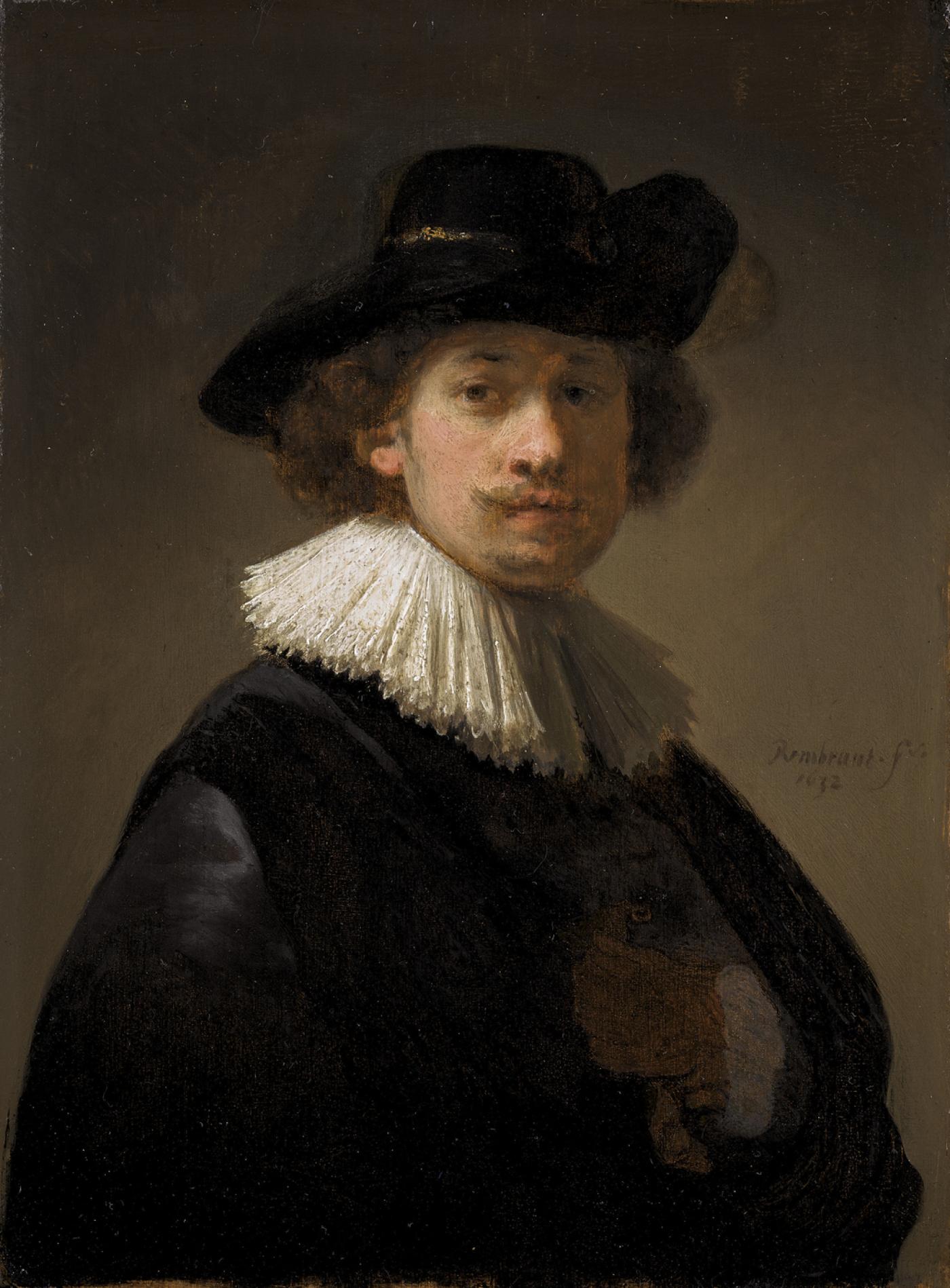 Rembrandt Harmenszoon van Rijn, "Autoportrait coiffé d'une collerette et d'un chapeau noir ", 1632, huile sur panneau de bois, 21,8 x 16,3 cm.
Estimation 12 - 16 millions de livres.