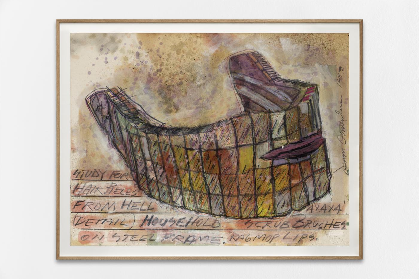 Dennis Oppenheim, "Study of: Hair Pieces from Hell. Detail: Household scrub brushes", 1993, crayon, crayon de couleur, glacis et pastel gras sur papier, 96,52 x 127 cm.