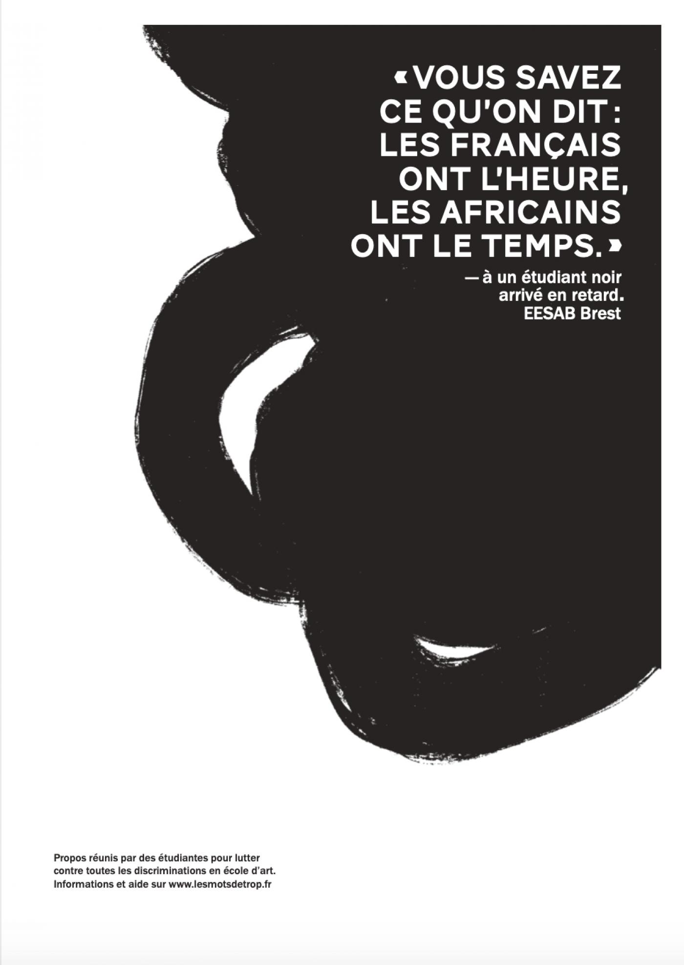 Affiches du projet « Les Mots de trop. Écoles d'art : stop discriminations » réalisé par Louna Amisse, Agathe Delrue, Clara Deprez et Sophie Vela.