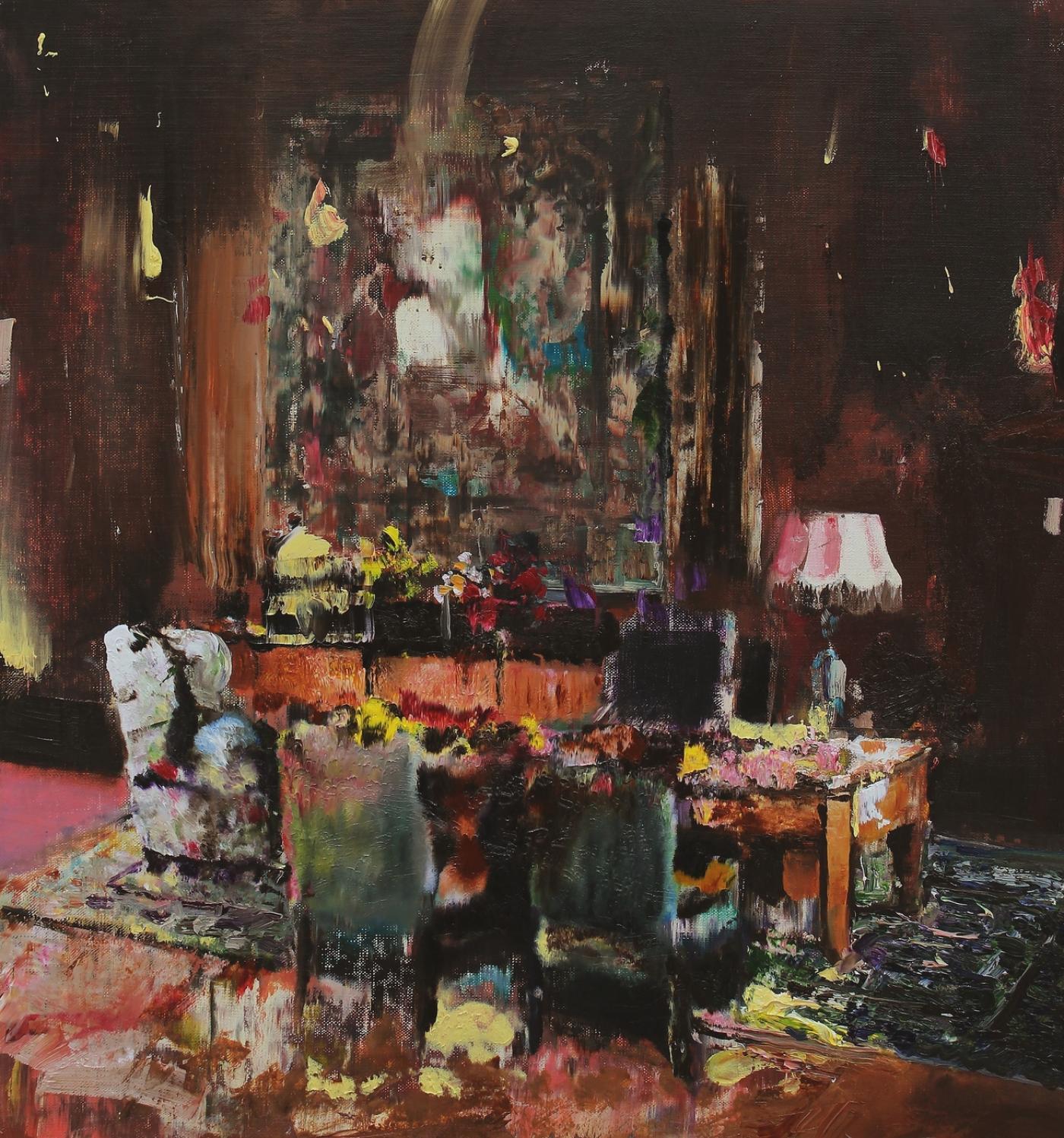 Adrian Ghenie (né en 1977),"Pie fight interior 11", 2013, huile sur toile, 50 x 45 cm (173/4 x 195/8 inch.).
Signé et daté au dos.