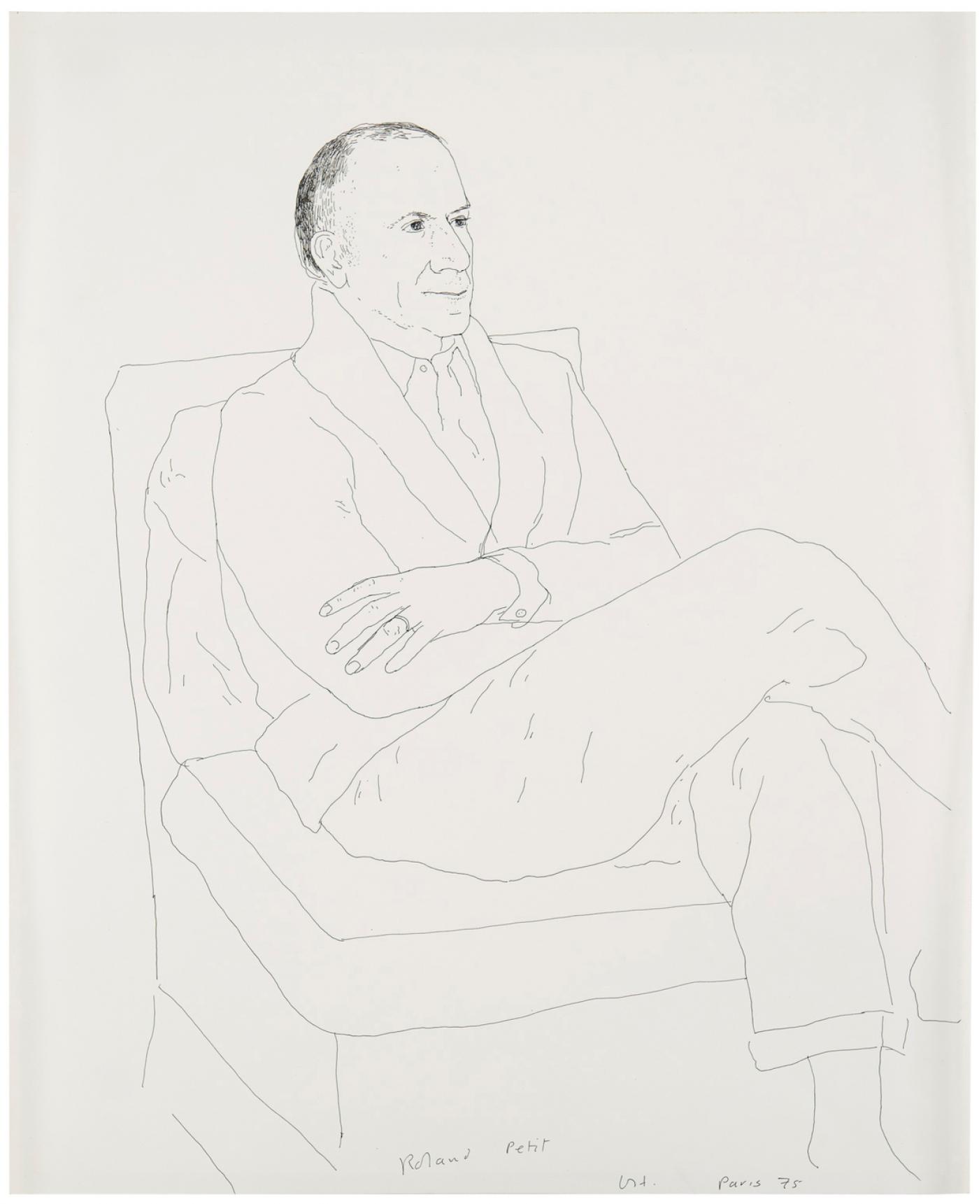 David Hockney, Roland Petit, 1975, encre sur papier, 43 x 35 cm. Prêt de la Galerie Lelong &amp; Co pour la rétrospective «David Hockney » au Centre Pompidou en 2017.
