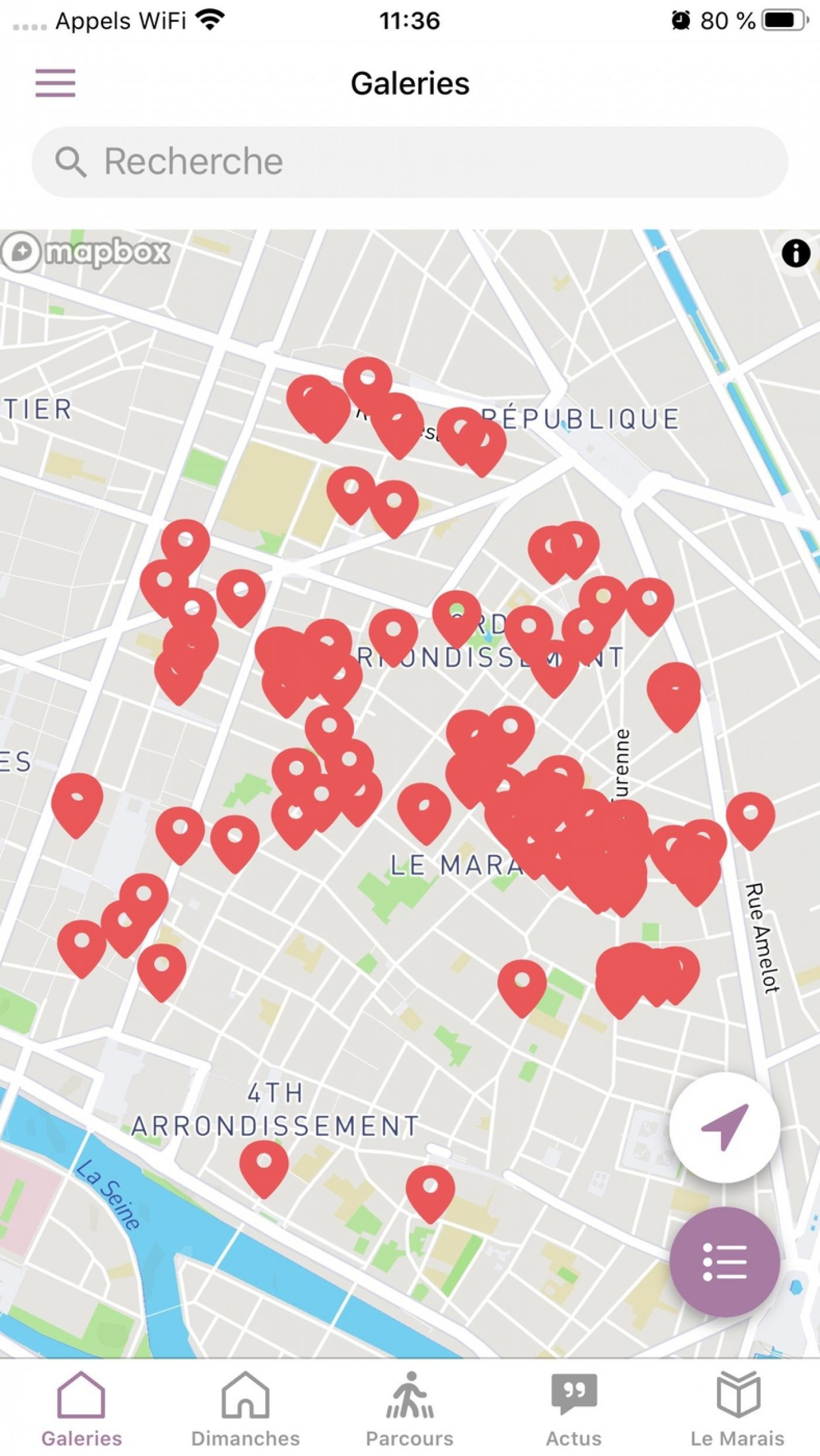 Cartographie des galeries, application Marais.guide