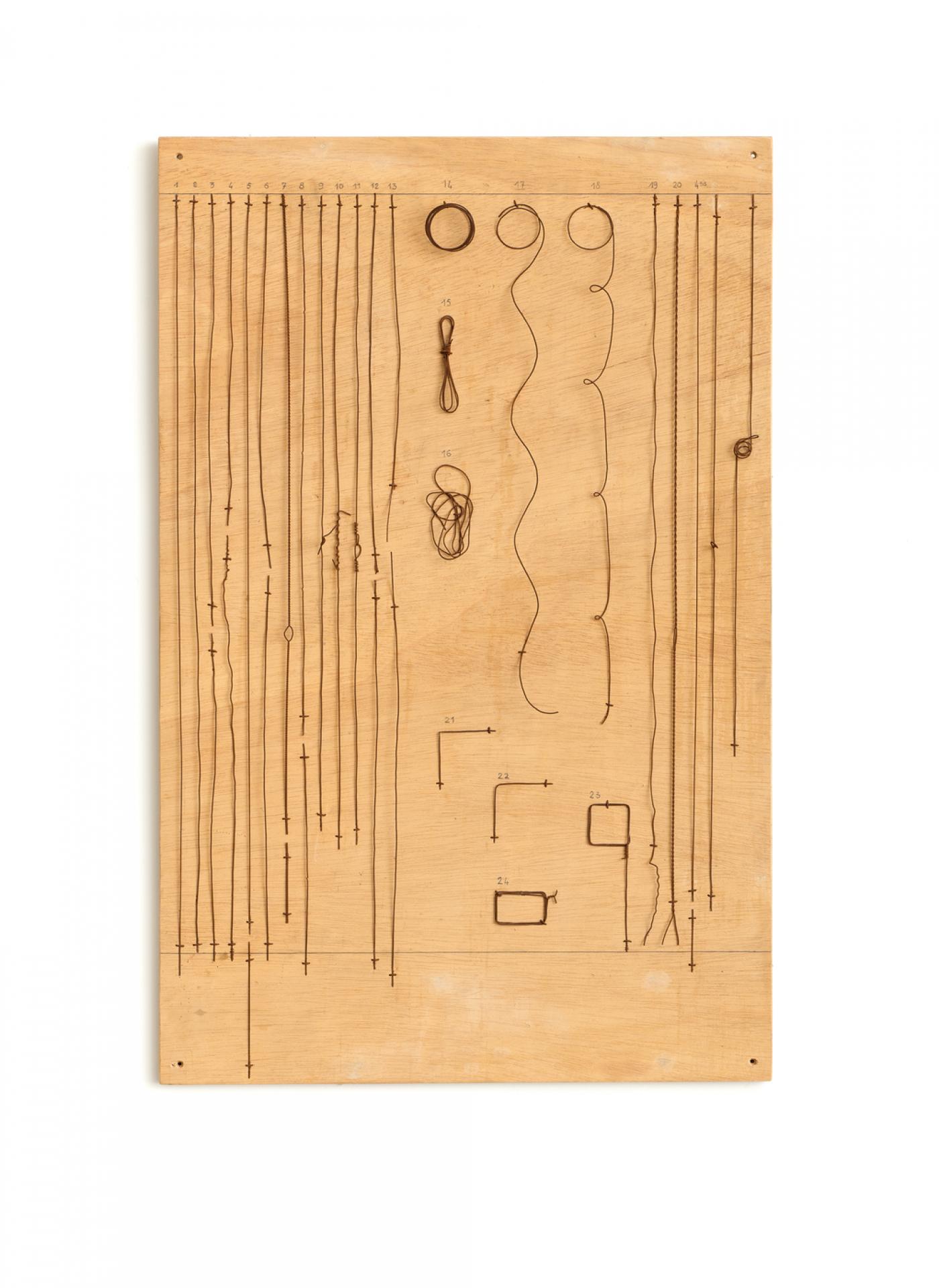 Bernard Pagès, Nomenclature d’usages d’un fil de fer recuit de 1mm de diamètre et 80 cm de longueur, 1972, bois, fer et cable, 100 x 65 cm.
Exposition « Bernard Pagès, Le champ des possibles », du 10 septembre au 17 octobre, Ceysson &amp; Bénétière, Saint-Étienne.
