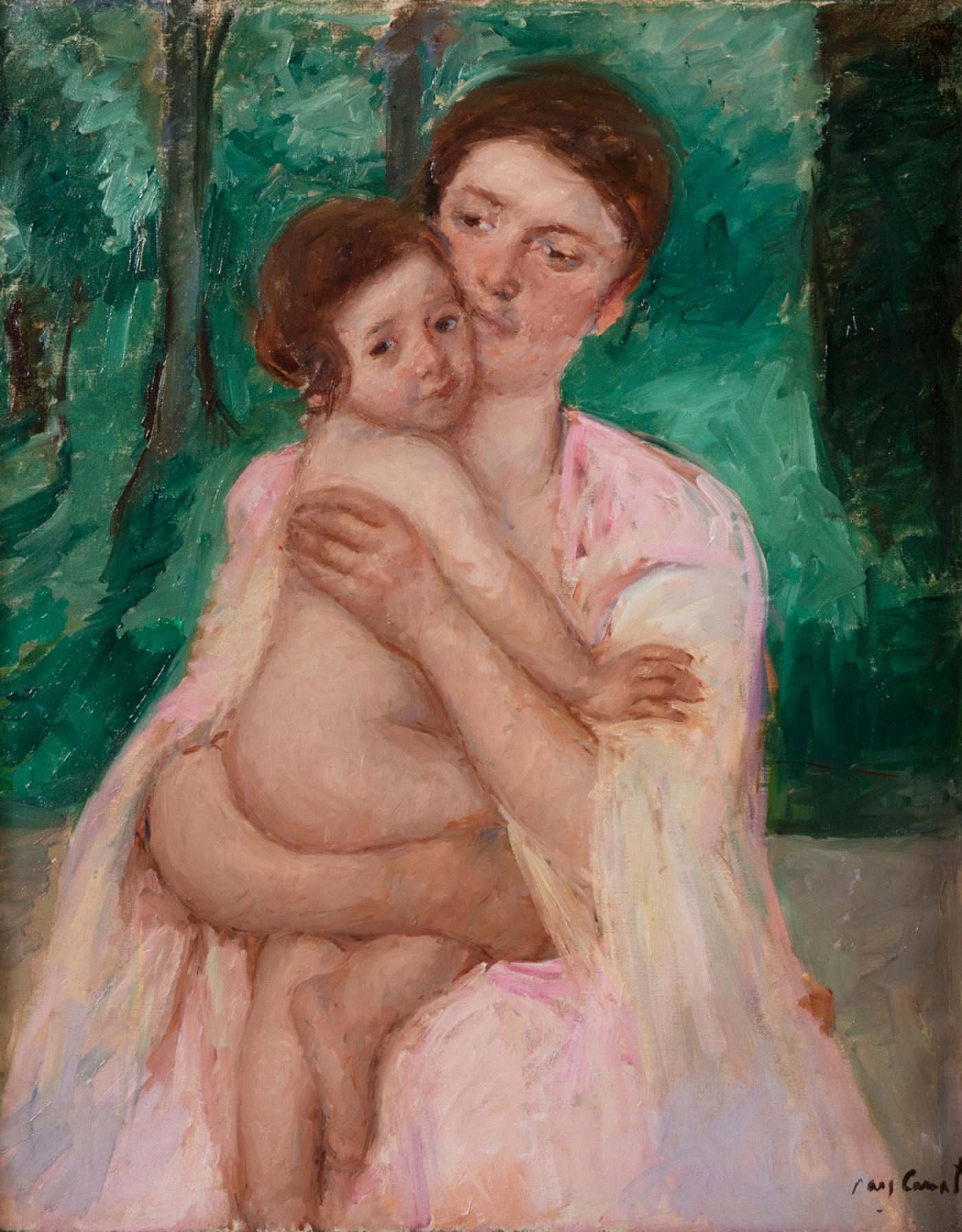 Mary Cassatt, Femme en robe rose tenant un enfant dans ses bras, vers 1909, huile sur toile, 81,4 x 66 cm. Galerie Hélène Bailly.