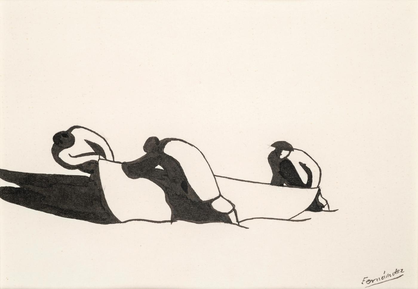 Luis Fernàndez, "Pêcheurs tirant une barque", vers 1969, encre de Chine sur papier, 12,5 x 17,5 cm.
