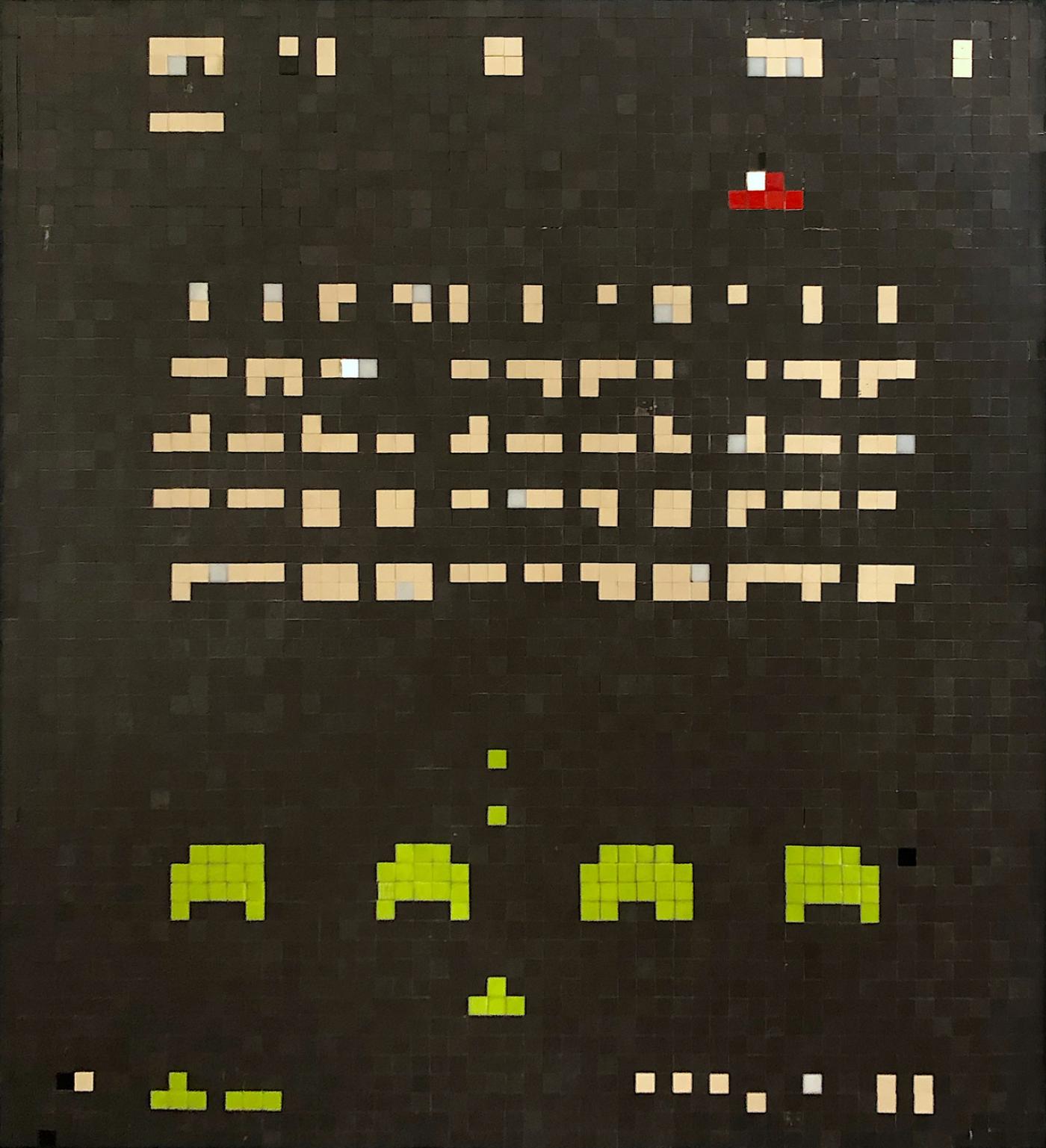 Invader, "Space Battle 1", 1999, mosaïque sur bois, 132 x 122 cm.
