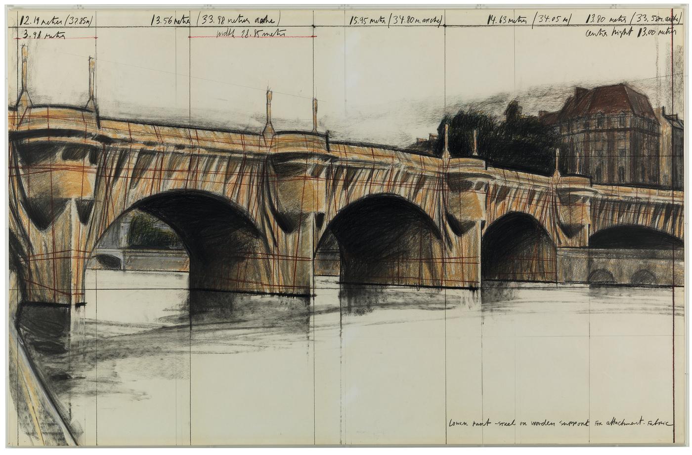 "Le Pont-Neuf empaqueté (Projet pour Paris)", 1981, mine graphite, pastel, fusain, crayon gras, crayon de couleur, photocopies et colle sur papier contrecollé sur carton, 106,6 x 165 cm.