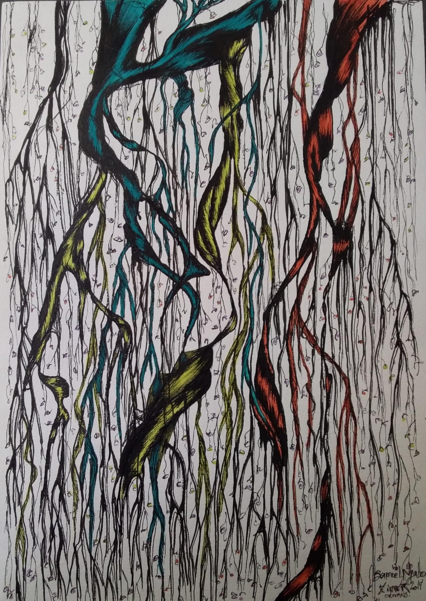 Samuel N'Gabo Zimmer, "Sans titre 2", 2019, encre de Chine, plume, pinceau, feutre sur papier, 29,7 x 21 cm.