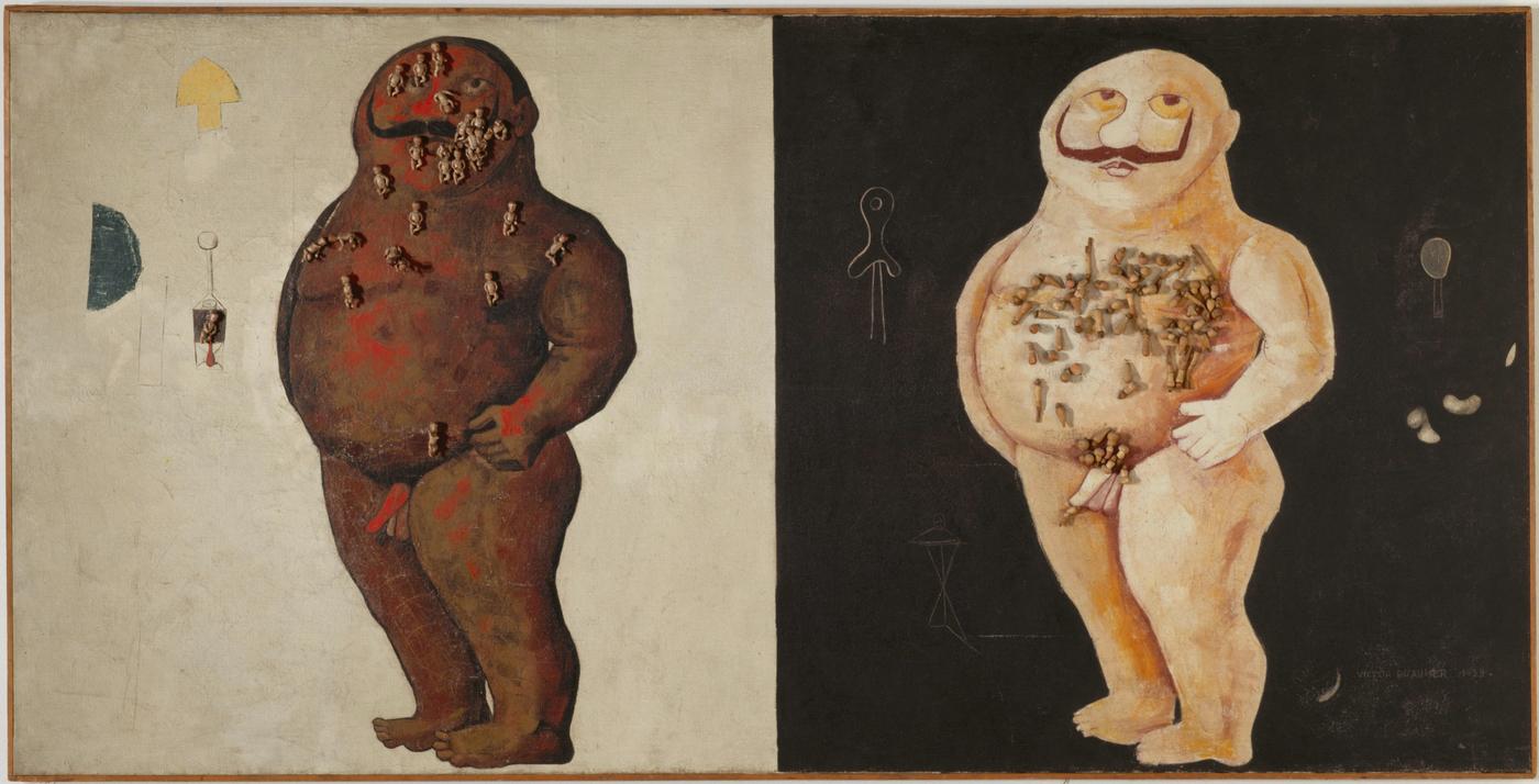 Victor Brauner, Force de concentration de Monsieur K., 1934, celluloïd, fil de fer, huile sur toile, 148,5 x 295 cm.
