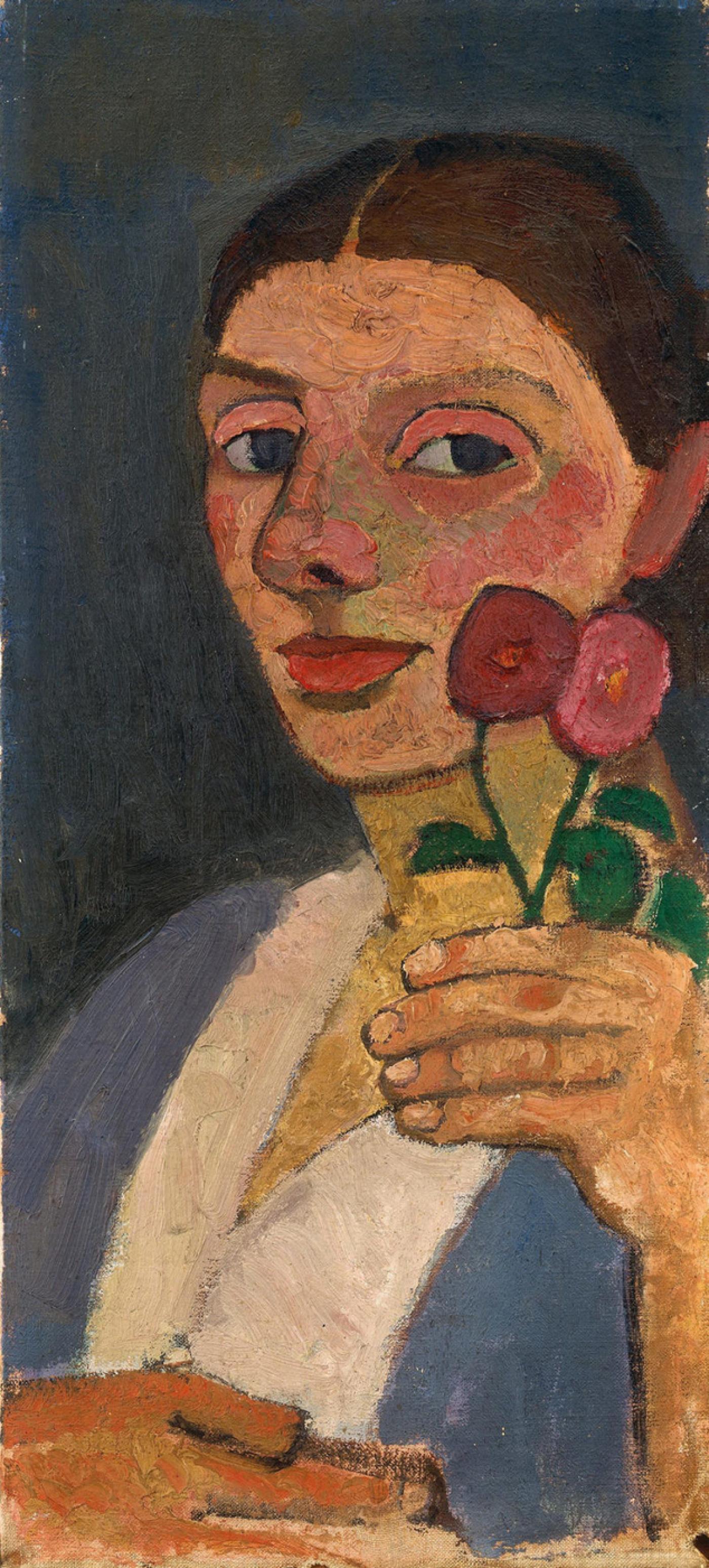 Paula Modersohn-Becker, Autoportrait avec deux fleurs soulevées dans sa main gauche, 1907, huile sur toile, 55 x 25 cm. Coll. The Museum of Modern Art, New York.