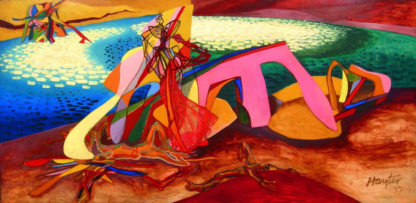 Stanley William Hayter, Paysage anthropophage, 1937, huile sur panneau, 100 x 200 cm.