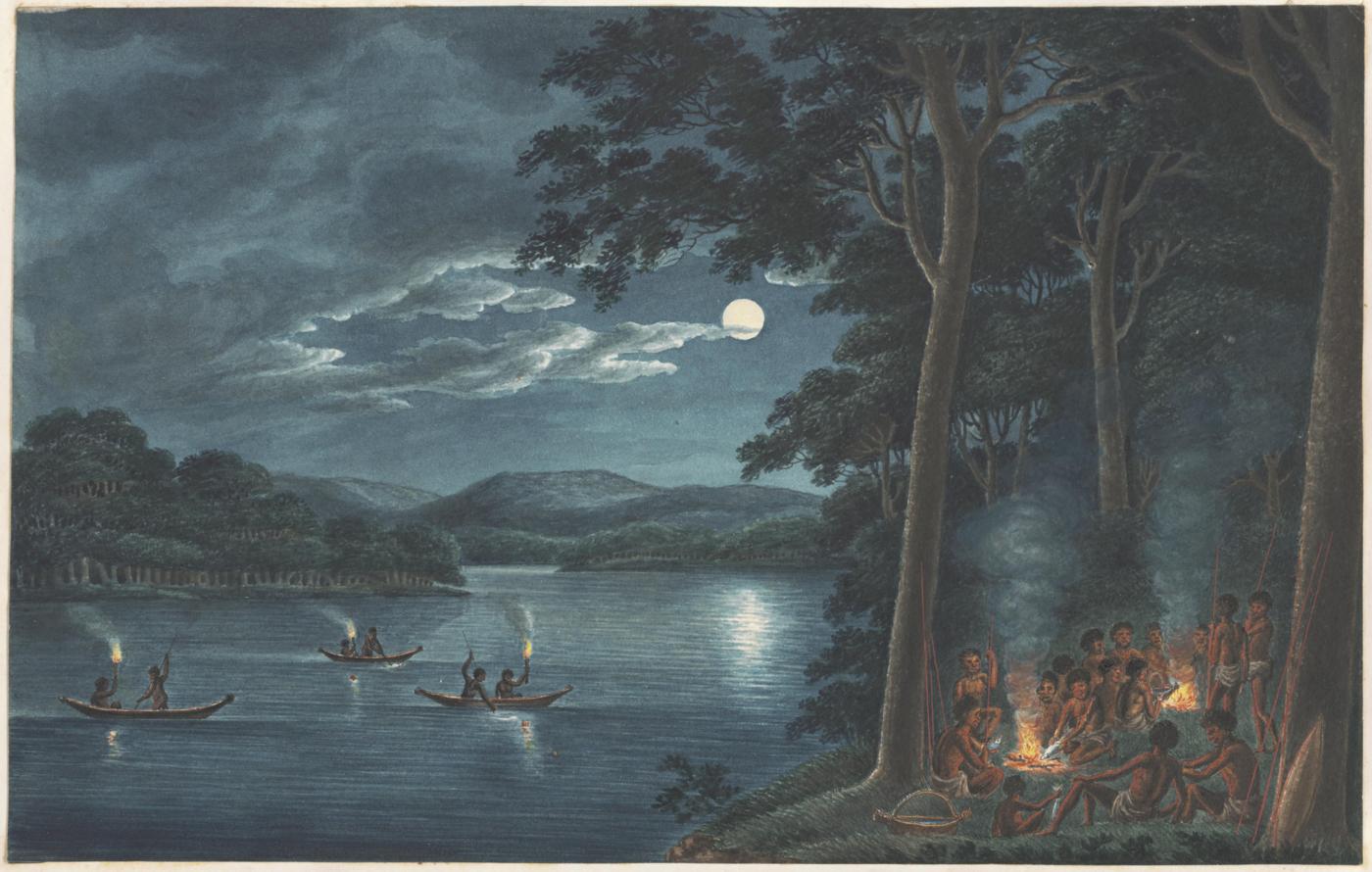 Joseph Lycett, (vers 1775-1828), Aborigènes et paysages de la Nouvelle-Galles du Sud, vers 1820, National Library of Australia.