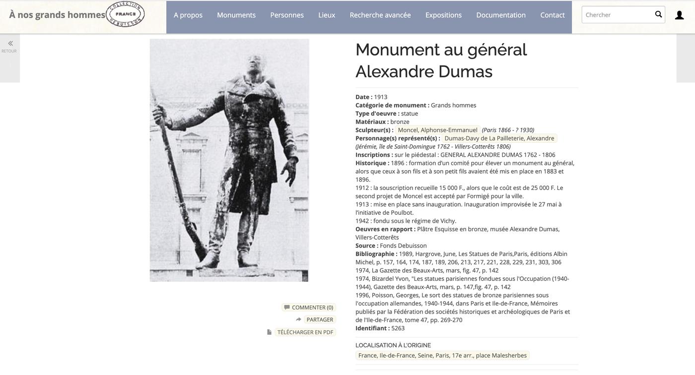 Fiche descriptive du Monument au général Thomas Alexandre Dumas sur le site anosgrandshommes.musee-orsay.fr.