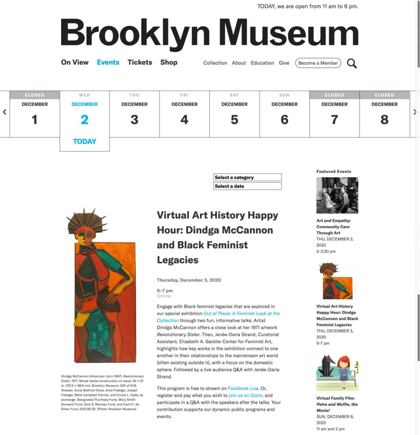 « Virtual Art History Happy Hour: Dindga McCannon and Black Feminist Legacies », programme virtuel proposé par le Brooklyn Museum via Zoom et Facebook, et fonctionnant sur le système du "pay as you wish".