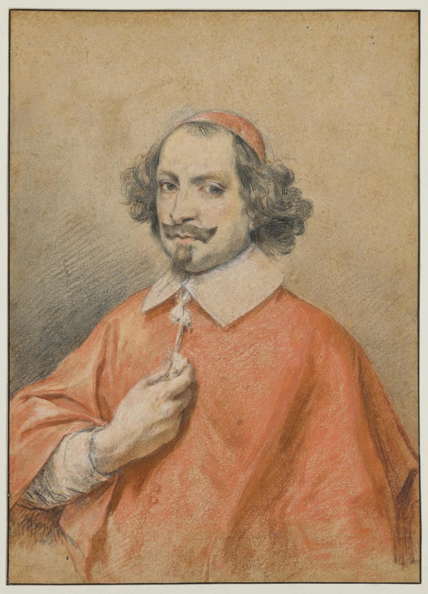 Simon Vouet, Portrait du cardinal Mazarin, 1642-1649, pierre noire et pastel sur papier beige.